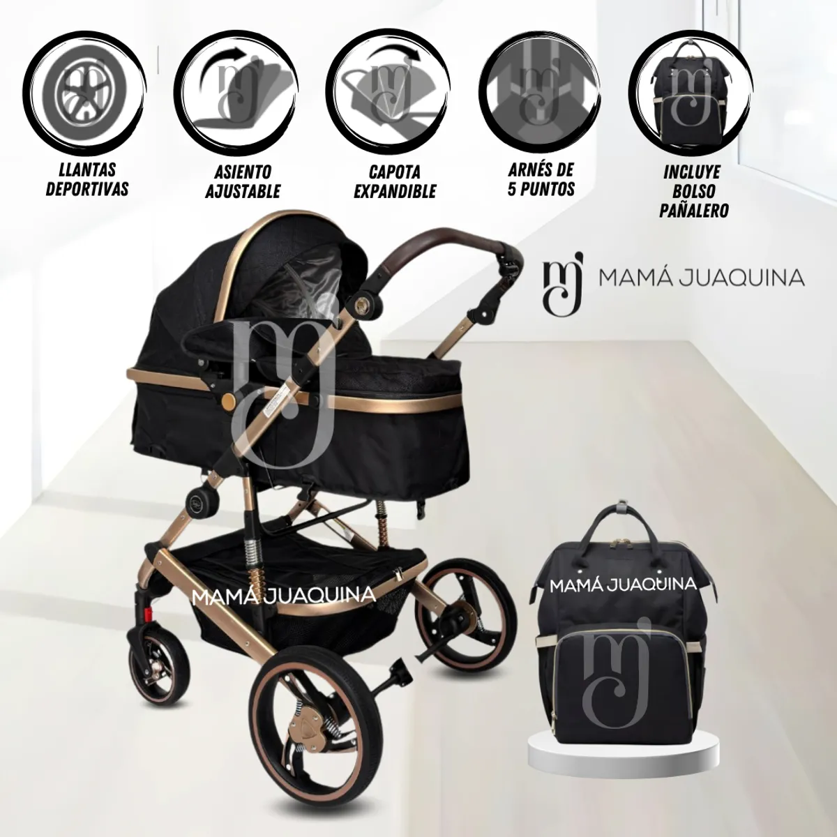 BEAUTIFUL - Coche Moisés Travel System con Mochila pañalera «MILAN LITE» Black