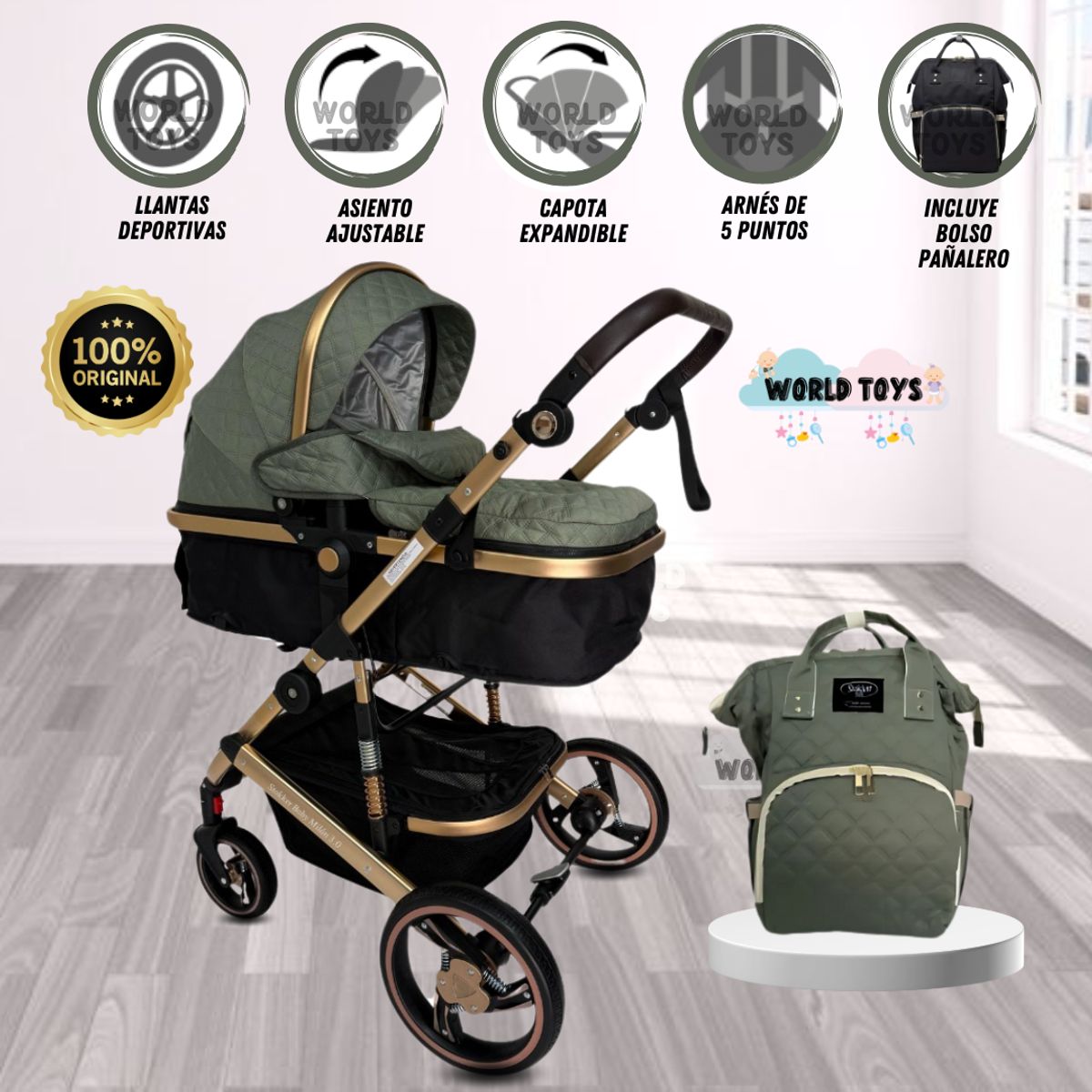 BEAUTIFUL - Coche Moisés de lujo con Mochila pañalera «MILAN LITE» Green