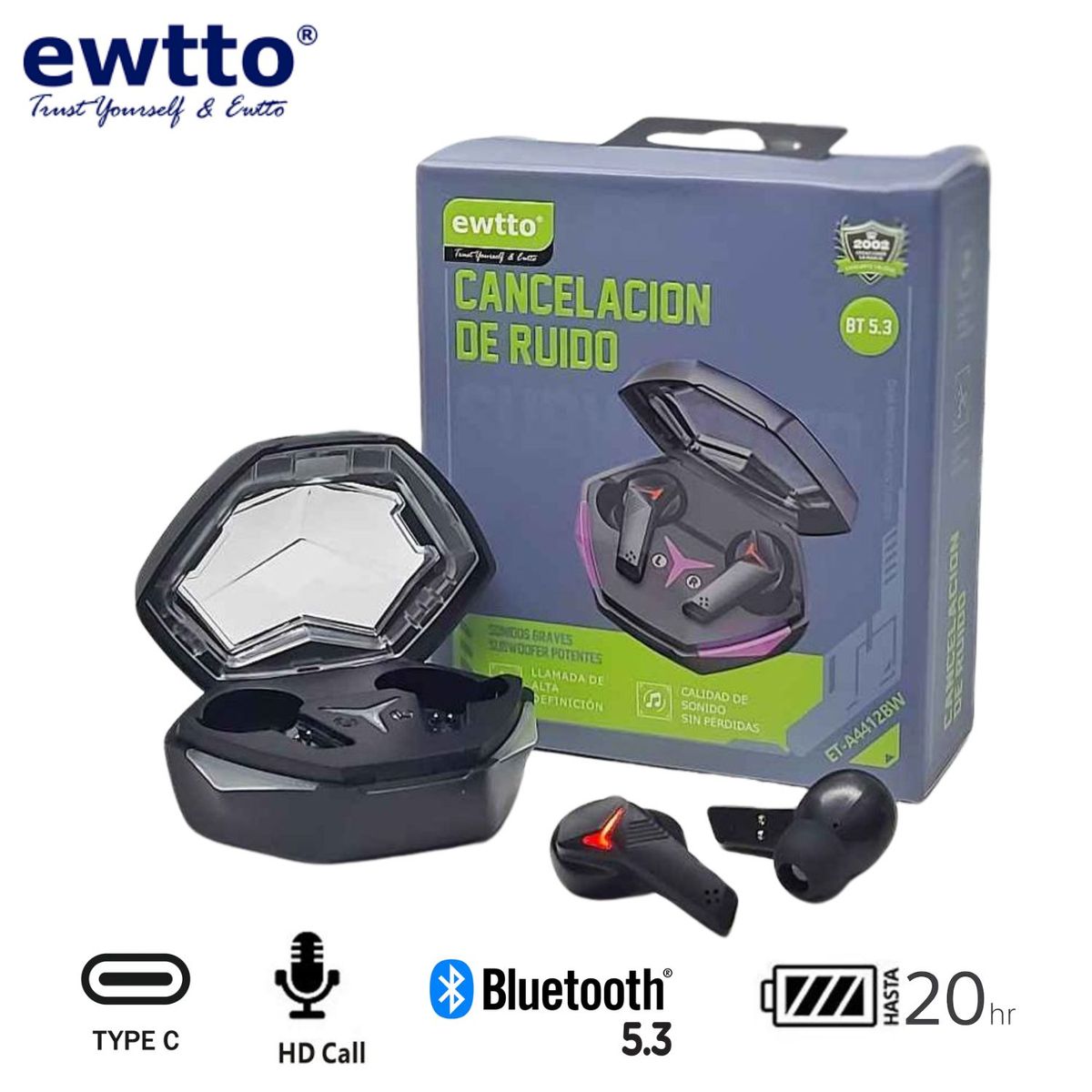 EWTTO - Audífono Inalámbrico Ewtto con Bluetooth 5.3 y Cancelacion de Ruido