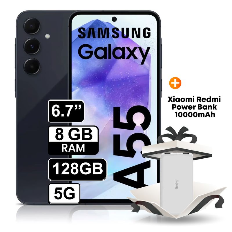 SAMSUNG - Celular libre Samsung Galaxy A55 128GB 8GB RAM 6,7 Pulg Negro + Xiaomi Redmi Power Bank 10000 mAh