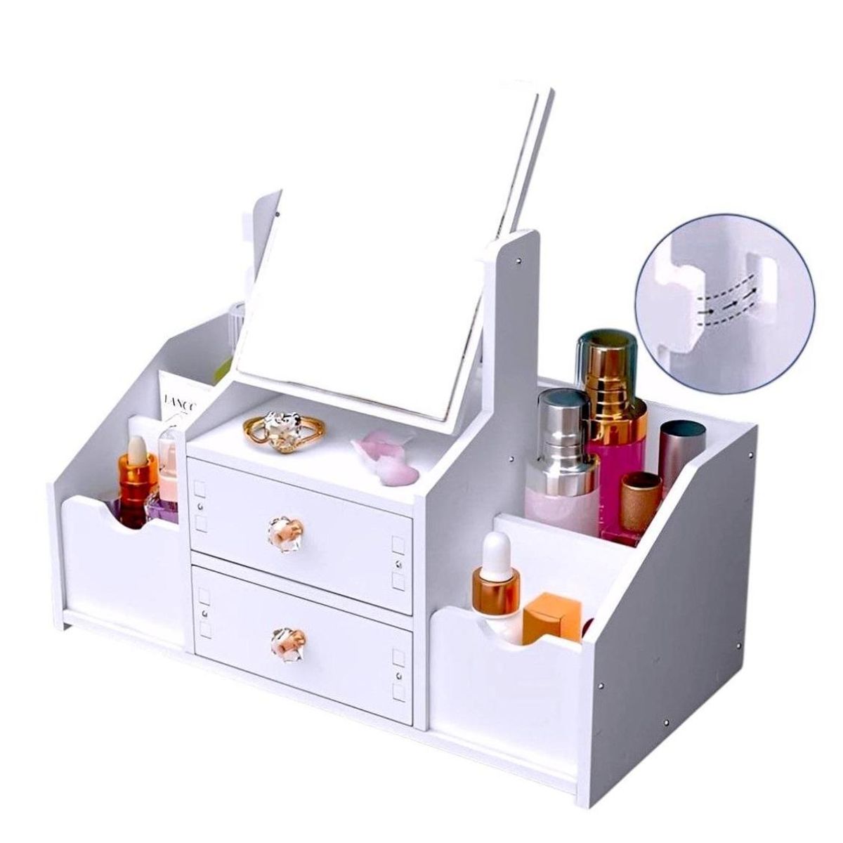 GENERICO - Organizador multiusos 2 cajones con espejo cuadrado color blanco