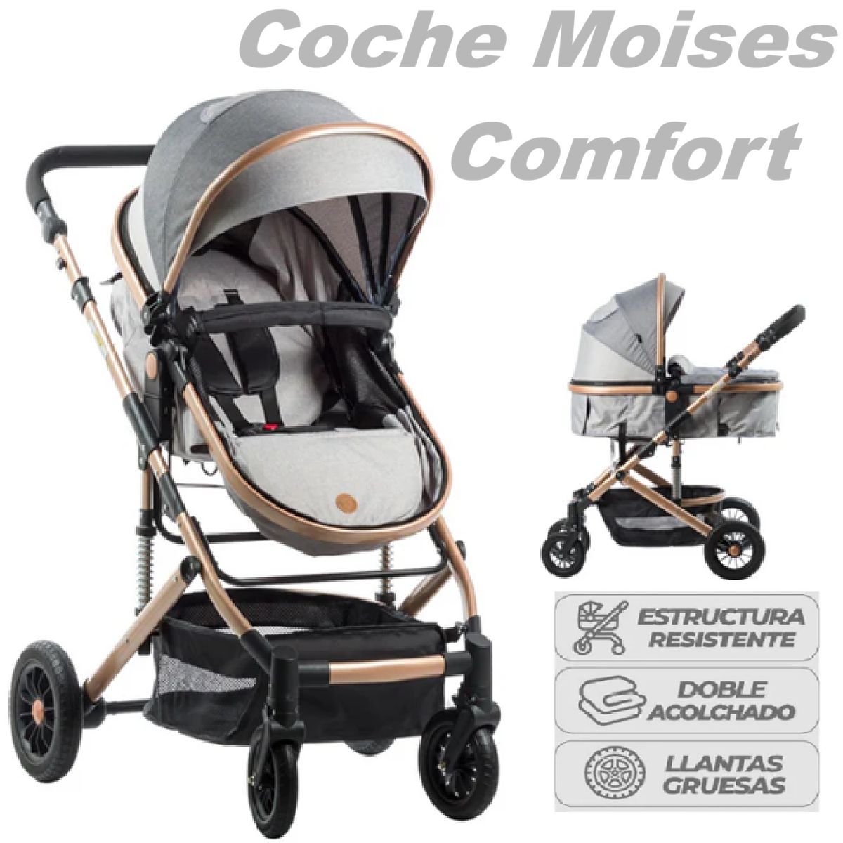 EBABY - Coche Moises Comfort Estructura Dorada con Amortiguacion -GRIS