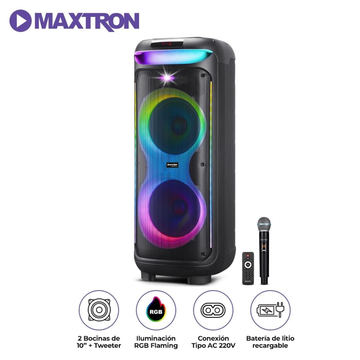 MAXTRON - Torre de Sonido Maxtron Bravatto USB BT TWS LED RGB Micrófono