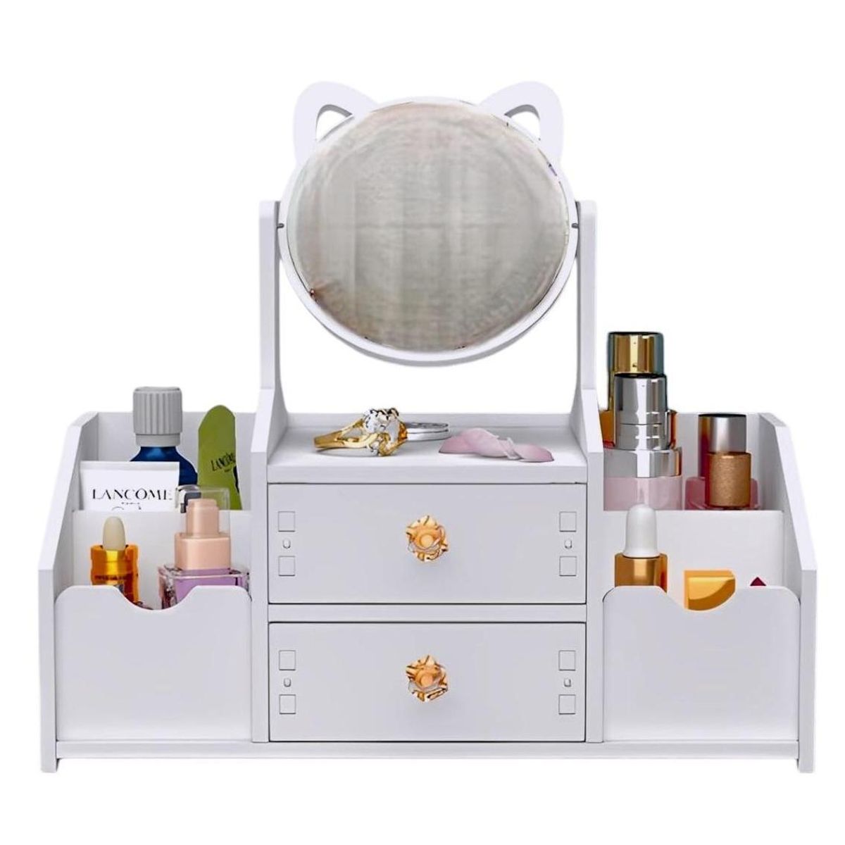 GENERICO - Organizador multiusos 2 cajones con espejo modelo gatito color blanco