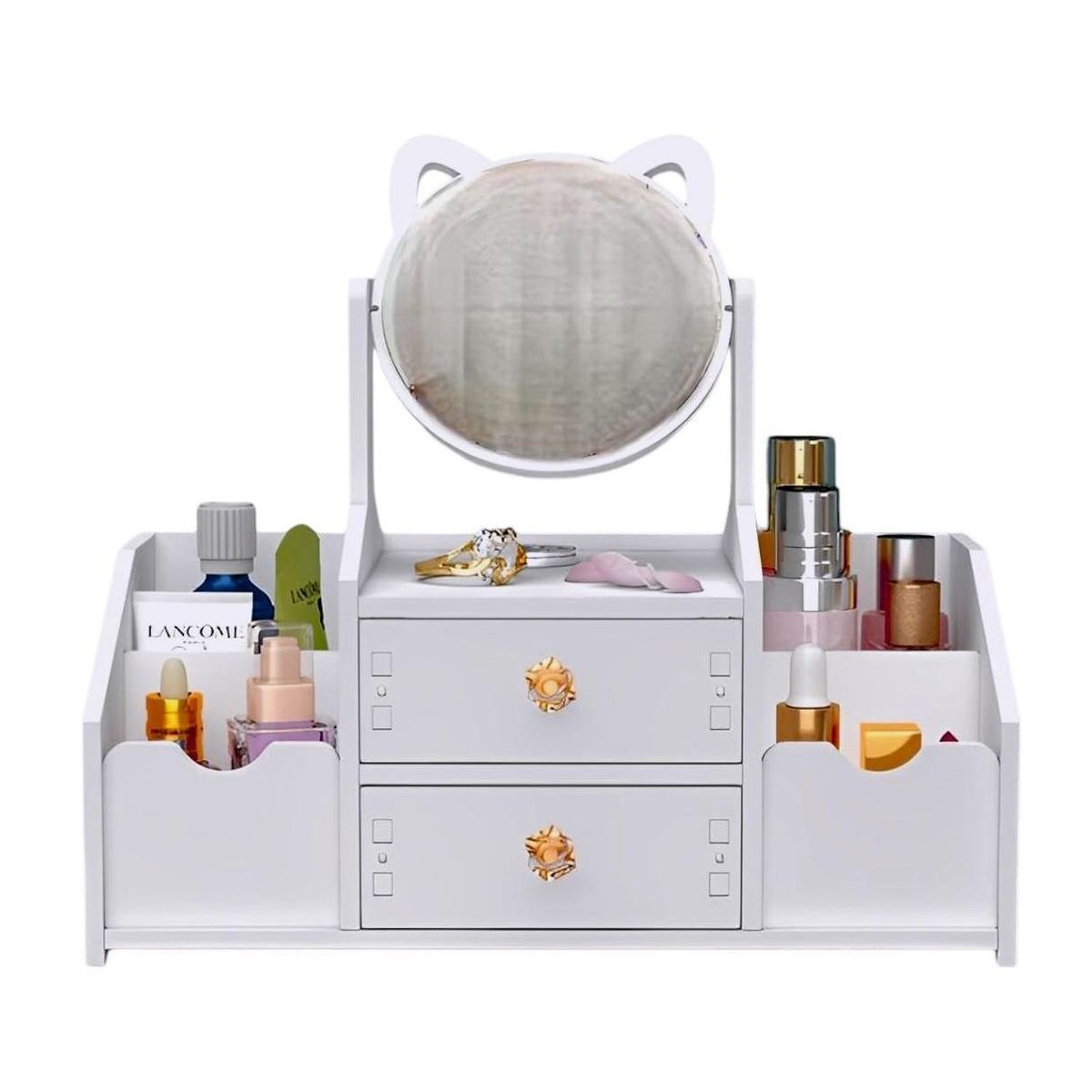 GENERICO - Organizador multiusos 2 cajones con espejo modelo gatito color blanco