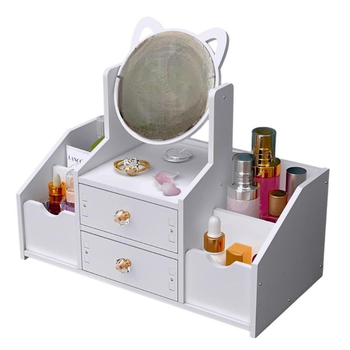 GENERICO - Organizador multiusos 2 cajones con espejo modelo gatito color blanco
