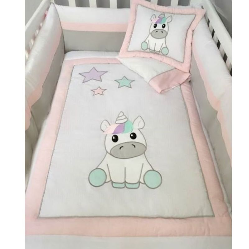 GENERICO - Set De Cuna  -  Diseño Bordado Unicornio bebe - Blanco