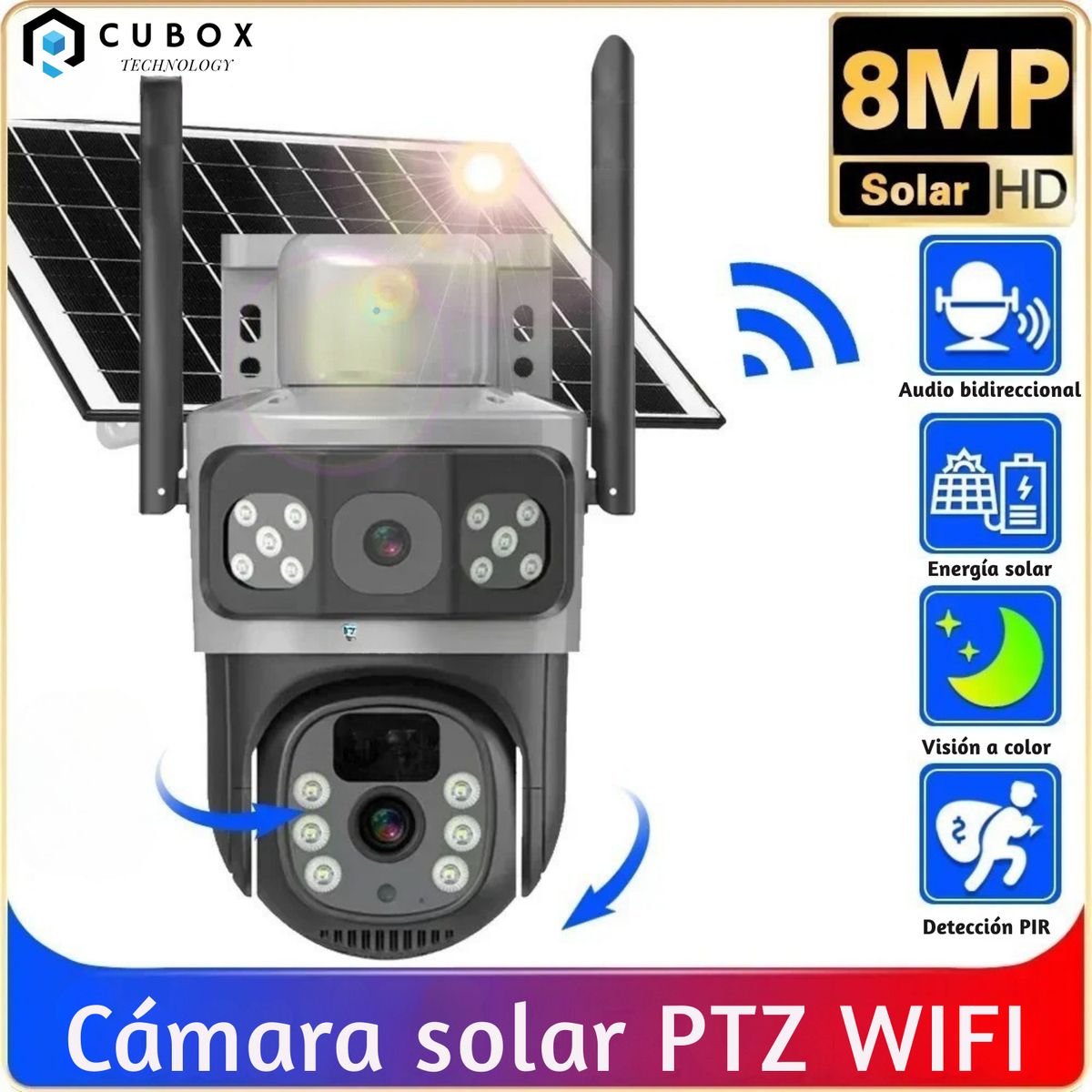 OEM - Cámara Seguridad IP con Panel Solar 4K de 8 MP doble lente, WiFi, inalámbrica