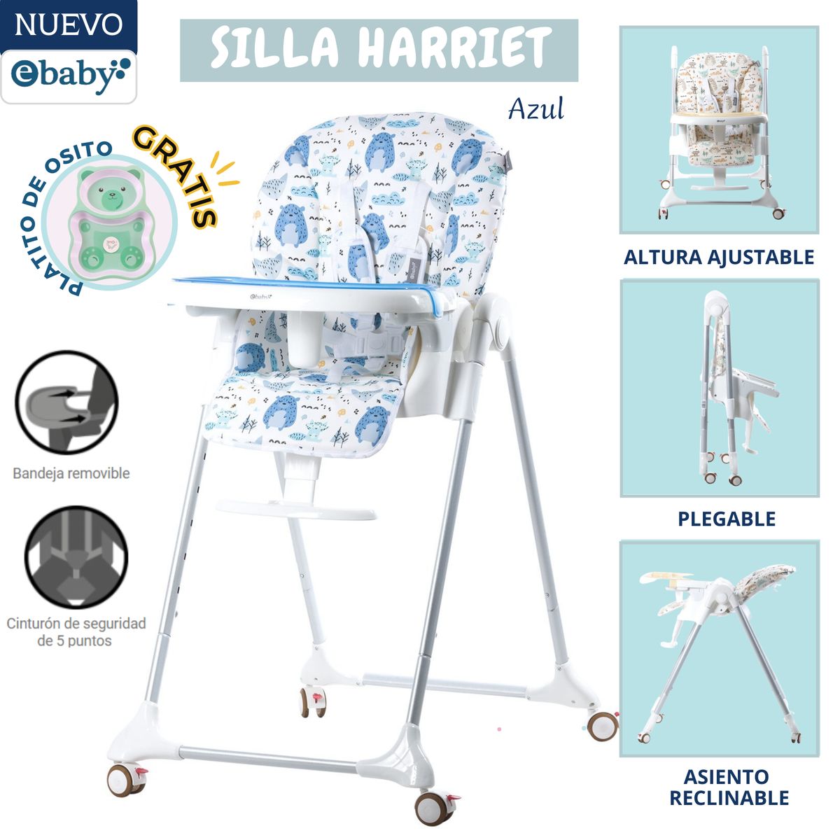 EBABY - Silla de comer plegable Harriet Bosque Azul