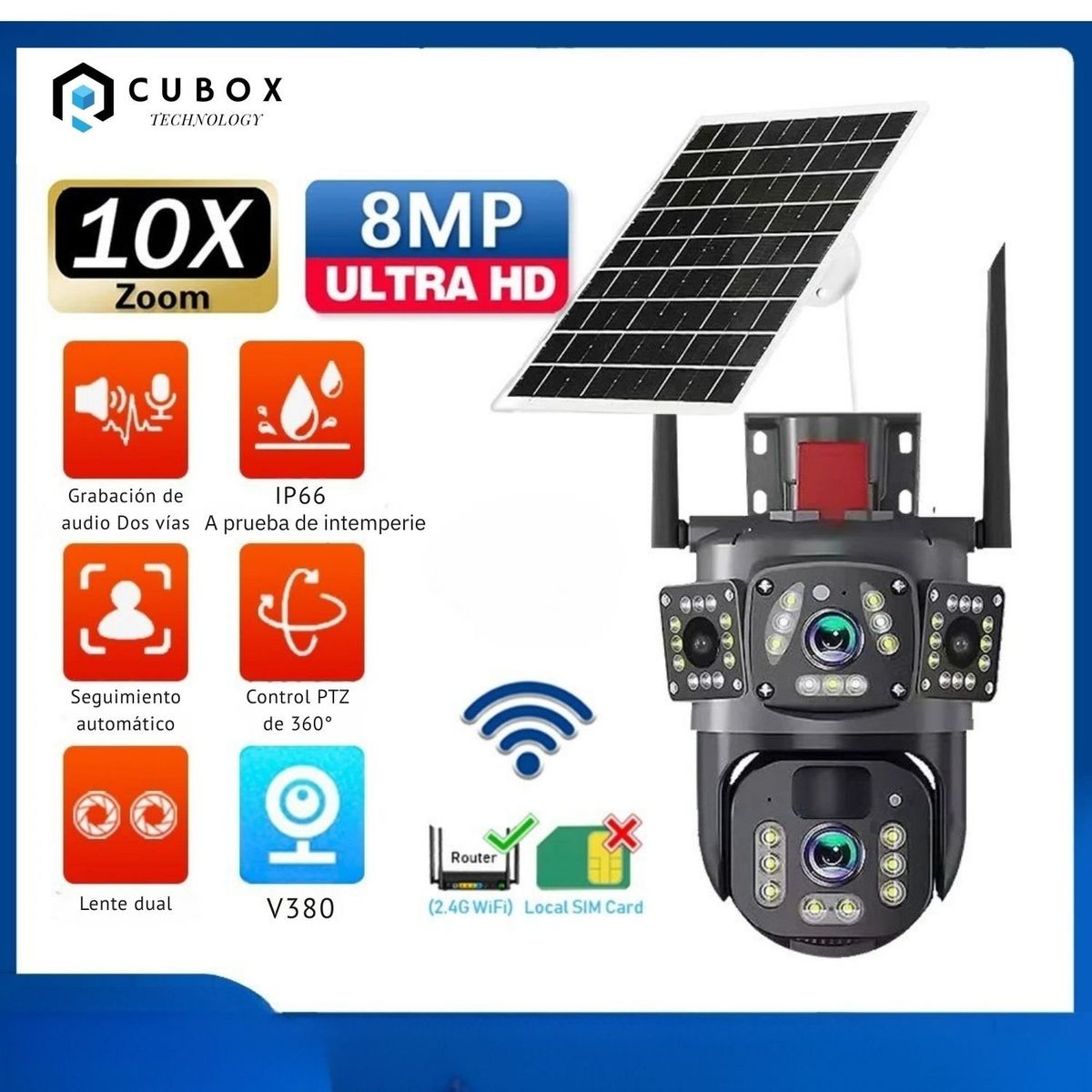 OEM - Cámara Seguridad IP con Panel Solar 4K de 8 MP doble lente, WiFi, inalámbrica