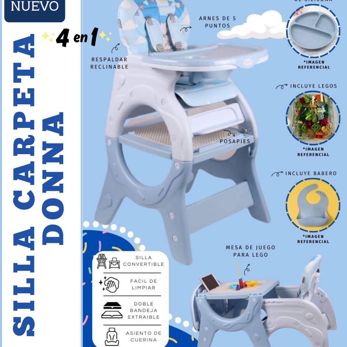 VOYAGE - Silla de Comer para bebe Carpeta Donna 4 en 1 Celeste