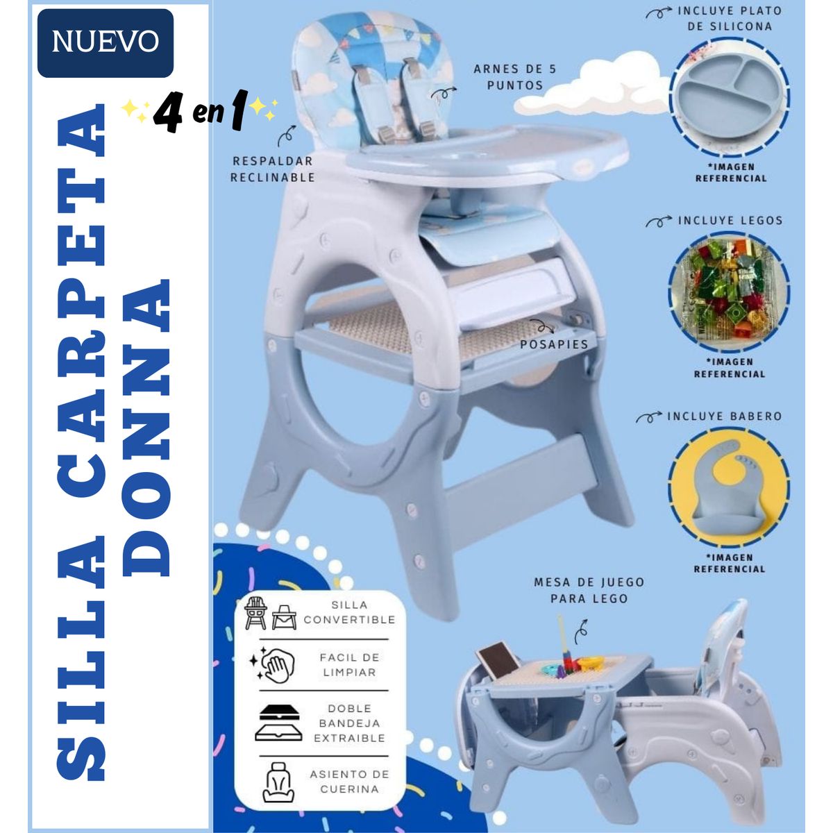 VOYAGE - Silla de Comer para bebe Carpeta Donna 4 en 1 Celeste