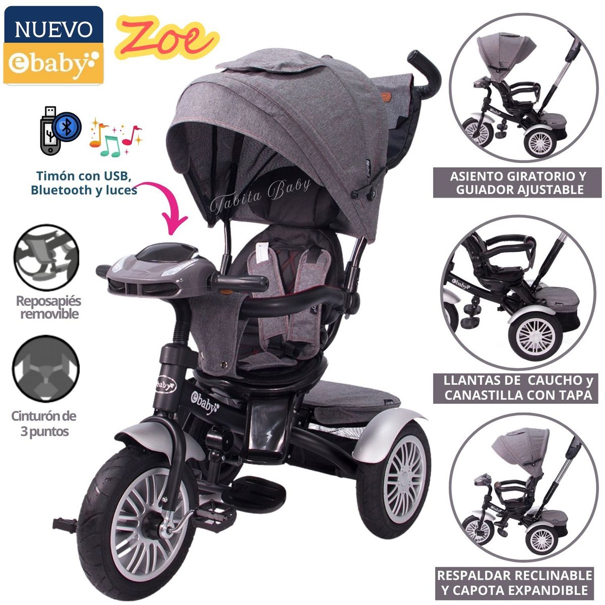 EBABY - Triciclo para niños Giratorio Musical con Luces Zoe Gris