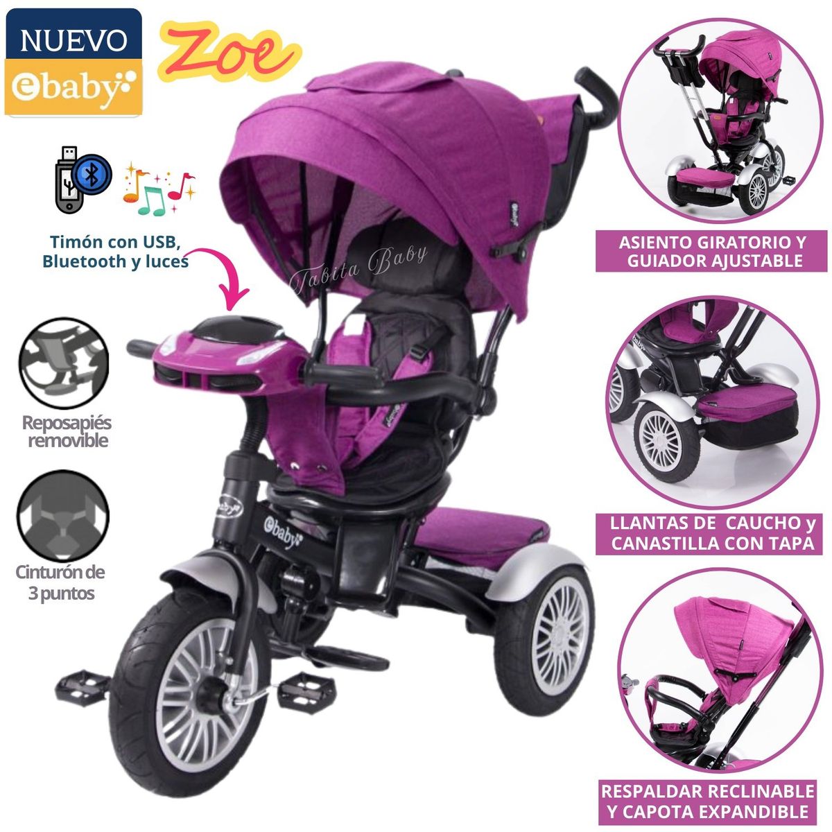 EBABY - Triciclo para niños Giratorio Musical con Luces Zoe Morado