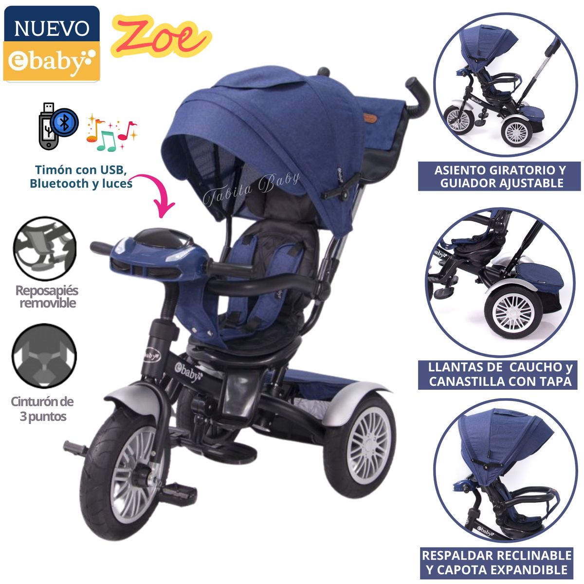 EBABY - Triciclo para niños Giratorio Musical con Luces Zoe Azul