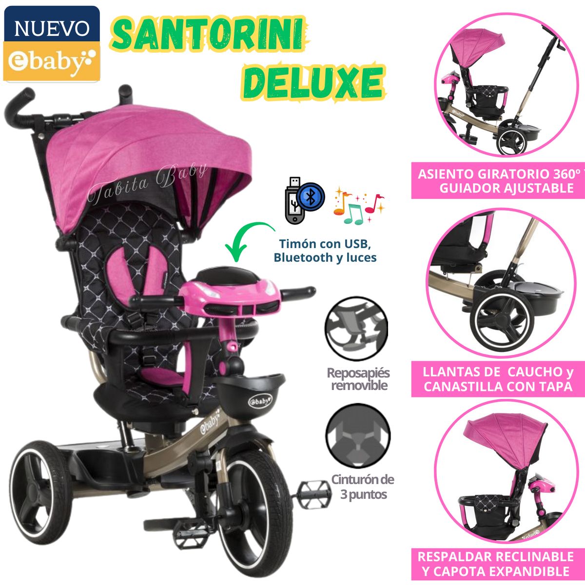 EBABY - Triciclo para niños Musical con luces Santorini Rosado
