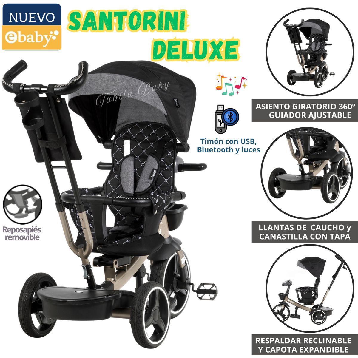 EBABY - Triciclo para niños Musical con luces Santorini Negro