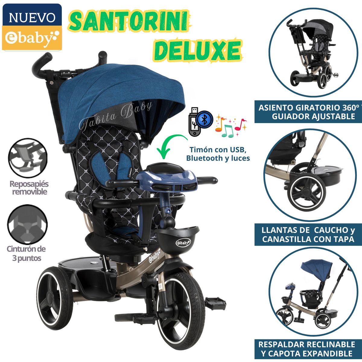 EBABY - Triciclo para niños Musical con luces Santorini Azul