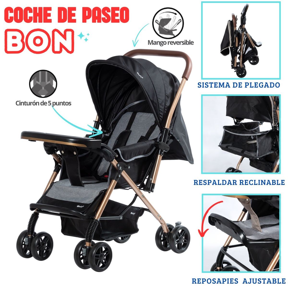EBABY - Coche de paseo para Bebe Mango Reversible con bandeja Bon Negro
