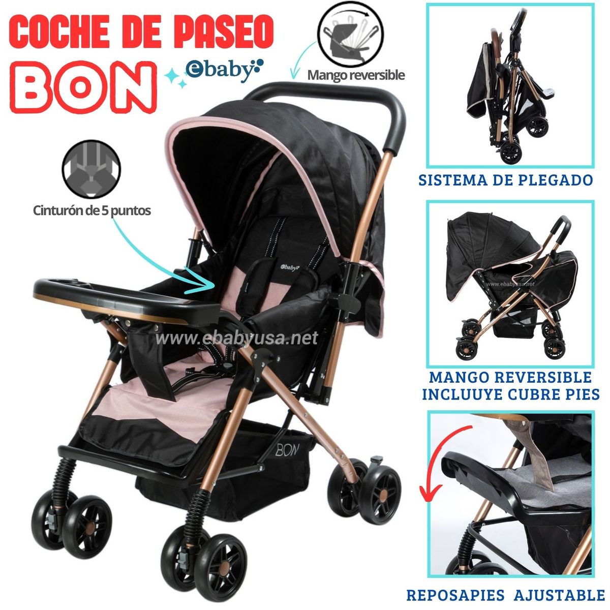 EBABY - Coche de paseo para Bebe Mango Reversible con bandeja Bon Rosado