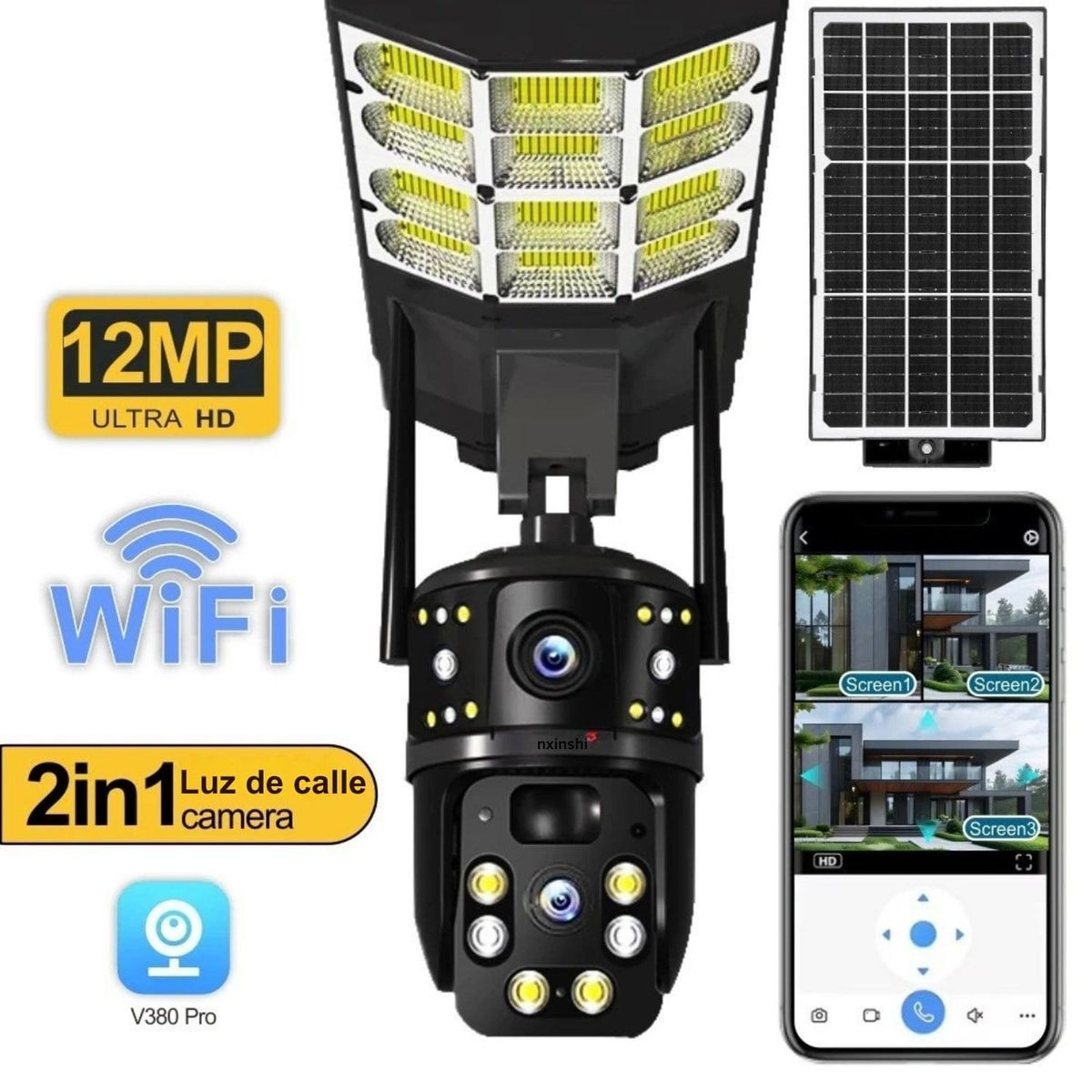 OEM - Cámara Seguridad IP con Panel Solar 4K de 8 MP doble lente, WiFi, inalámbrica