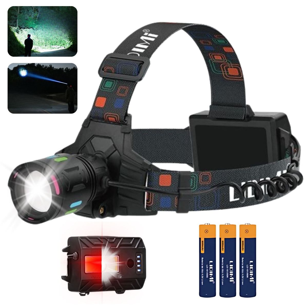 LIDIMI - Linterna de Cabeza Recargable  con Zoom y Luz Trasera Potente