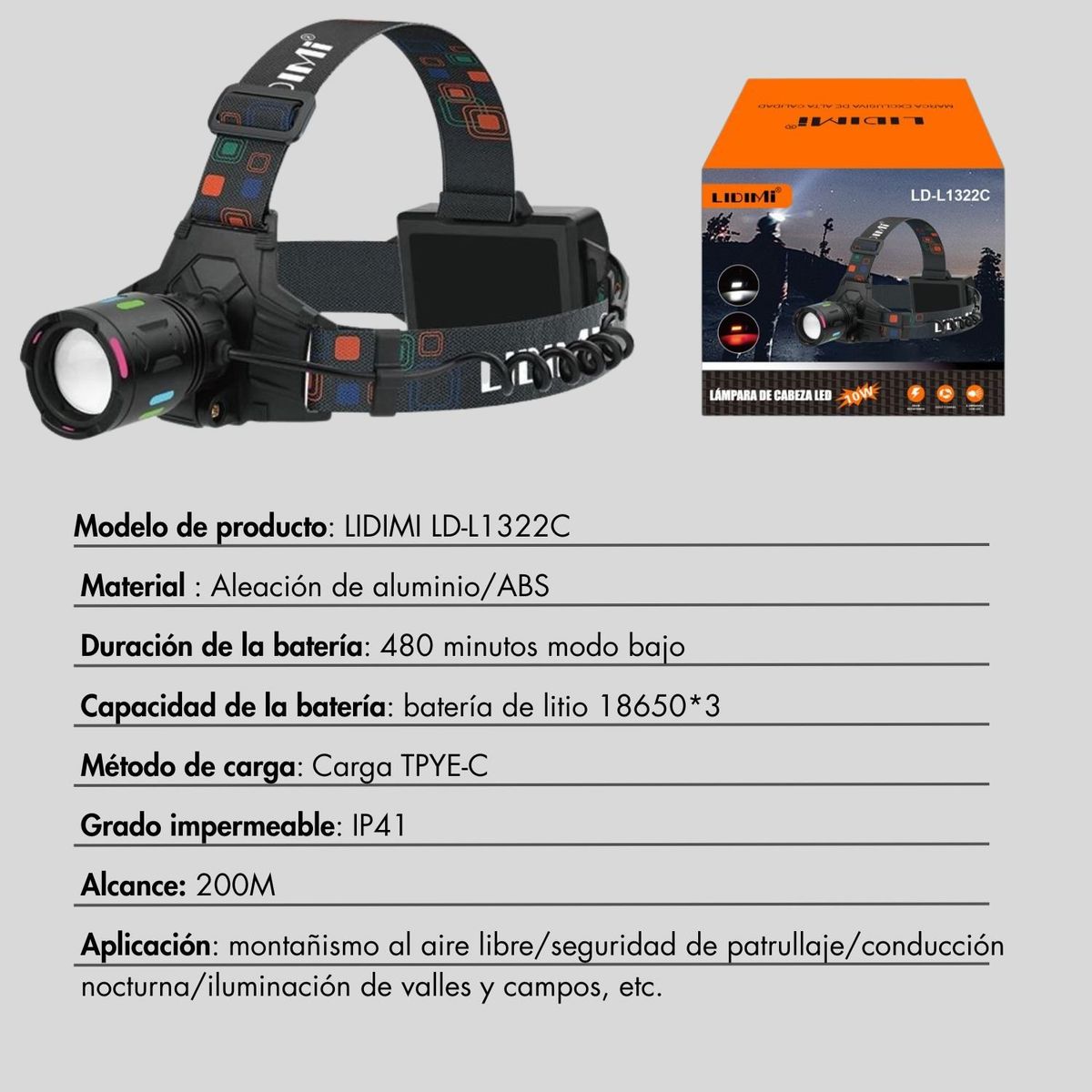 LIDIMI - Linterna de Cabeza Recargable  con Zoom y Luz Trasera Potente