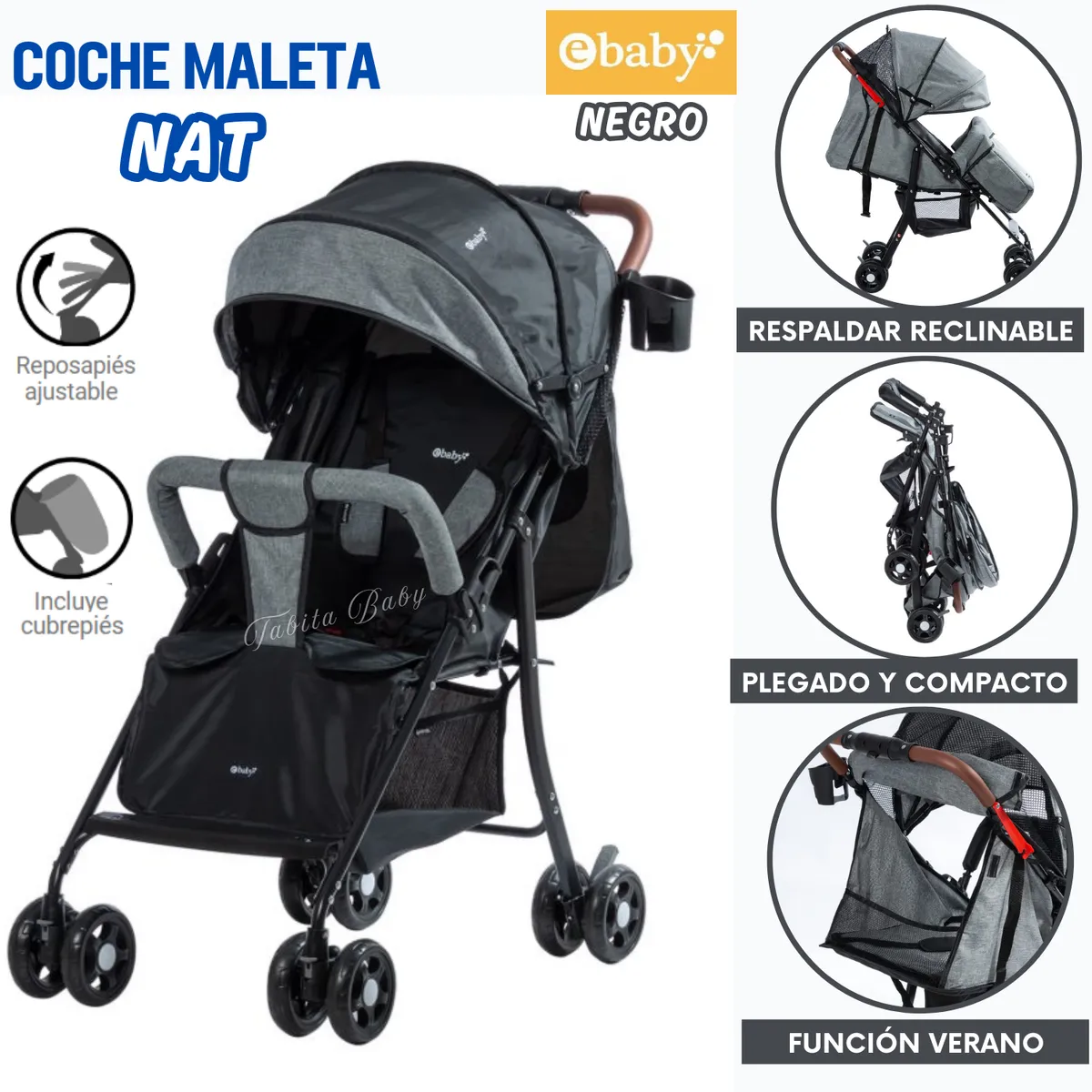 EBABY - Coche Maleta con Cubre Pies Plegable NAT Negro