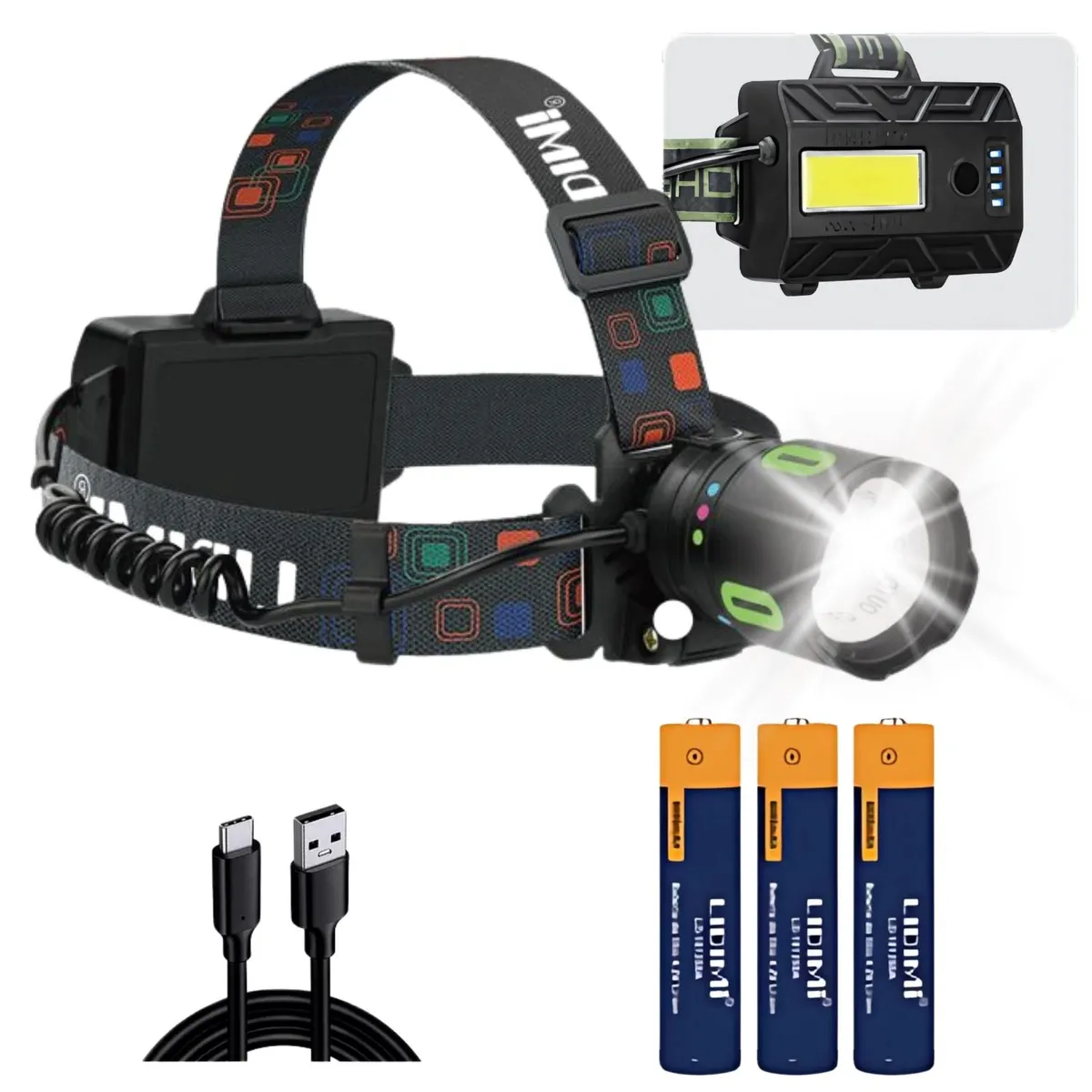 LIDIMI - Linterna de Cabeza LED 1200 Lumenes 3 baterias con Zoom y luz trasera Blanca y roja