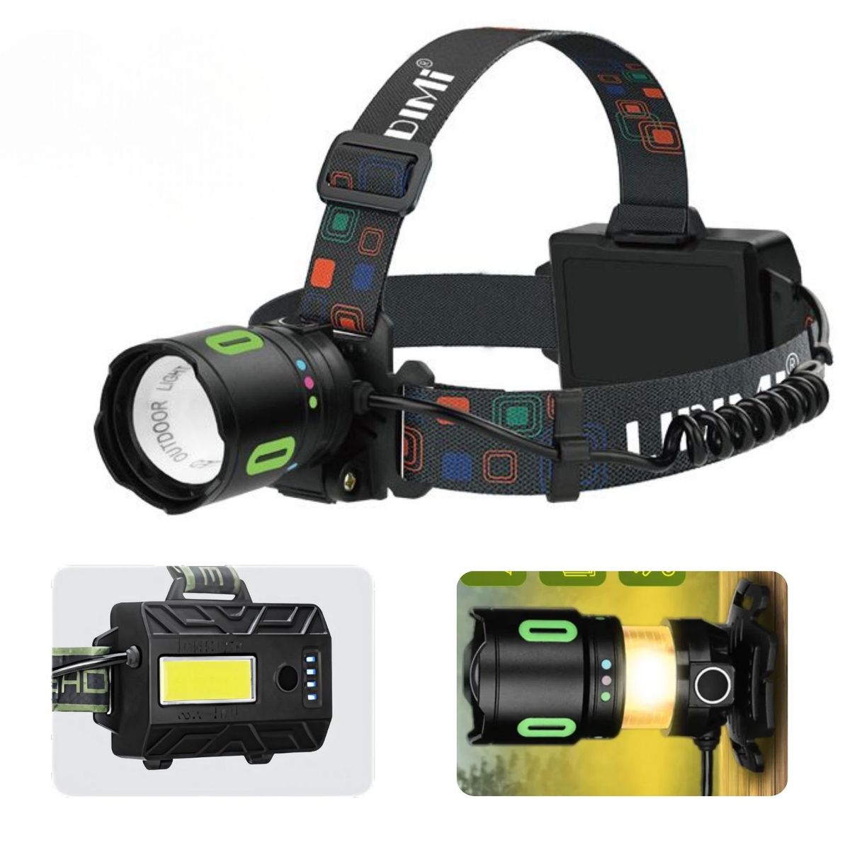 LIDIMI - Linterna de Cabeza LED Recargable 1200lm con Zoom Power Bank y Luz Roja