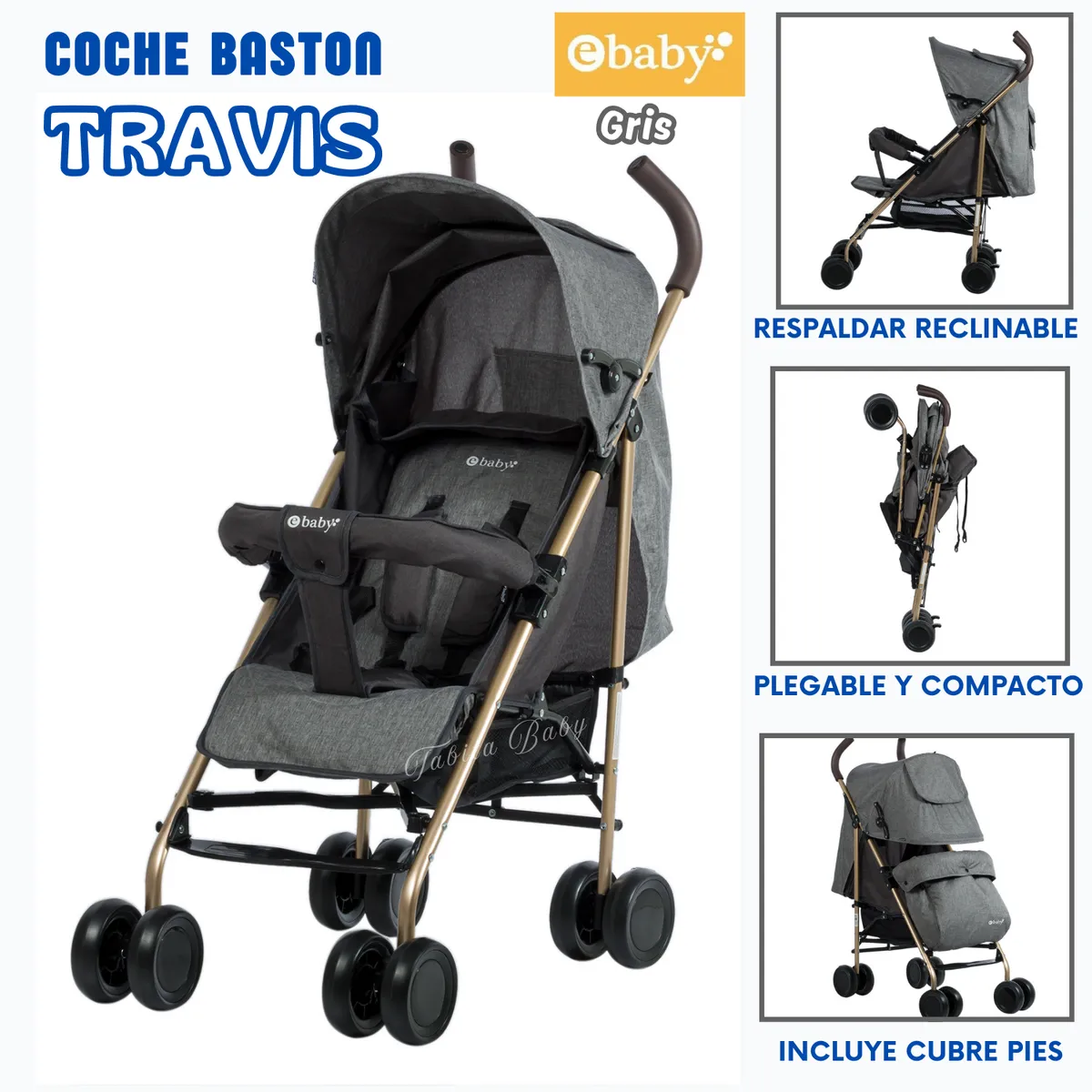 EBABY - Coche de Paseo Bastón para Bebe Travis Gris