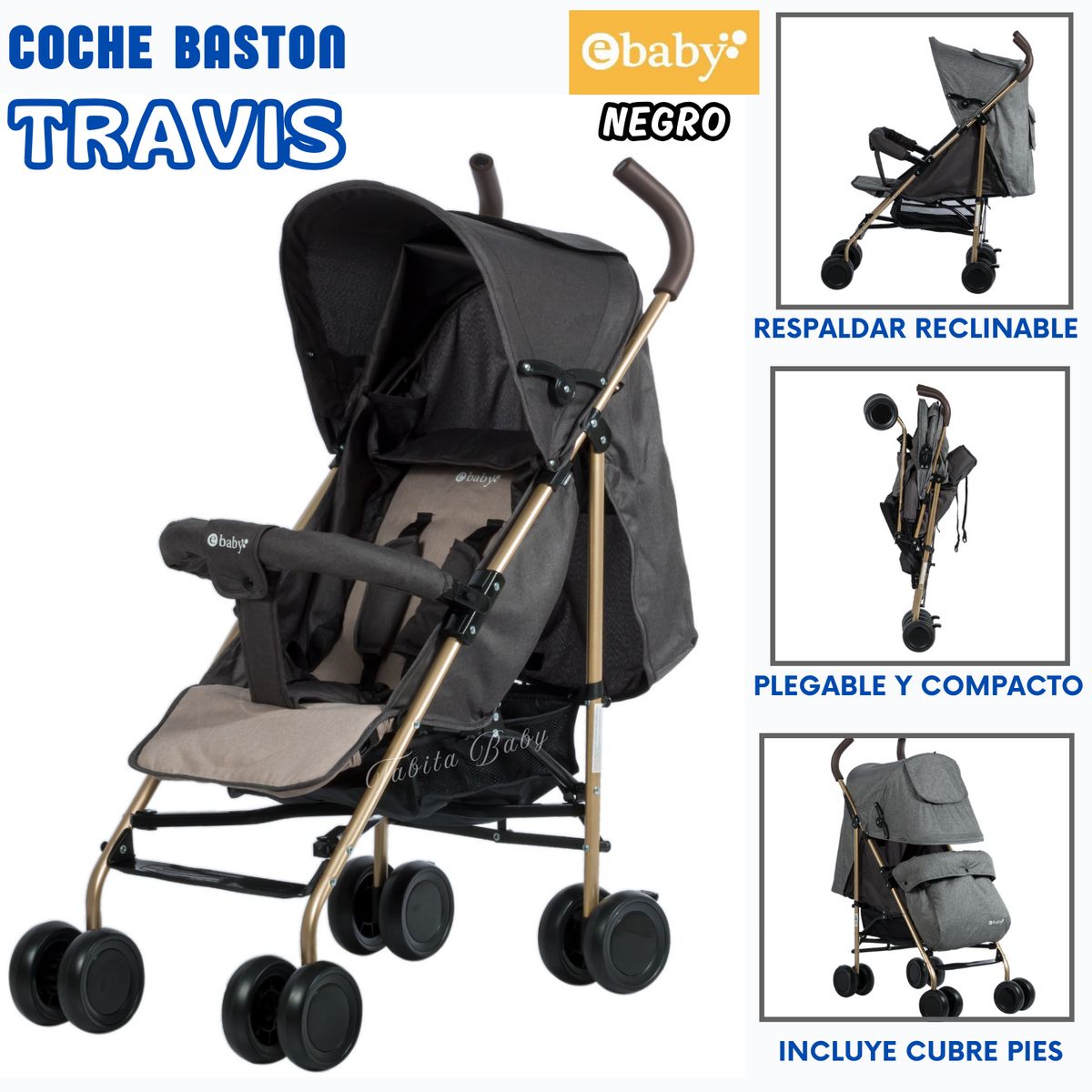 EBABY - Coche de Paseo Bastón para Bebe Travis Negro