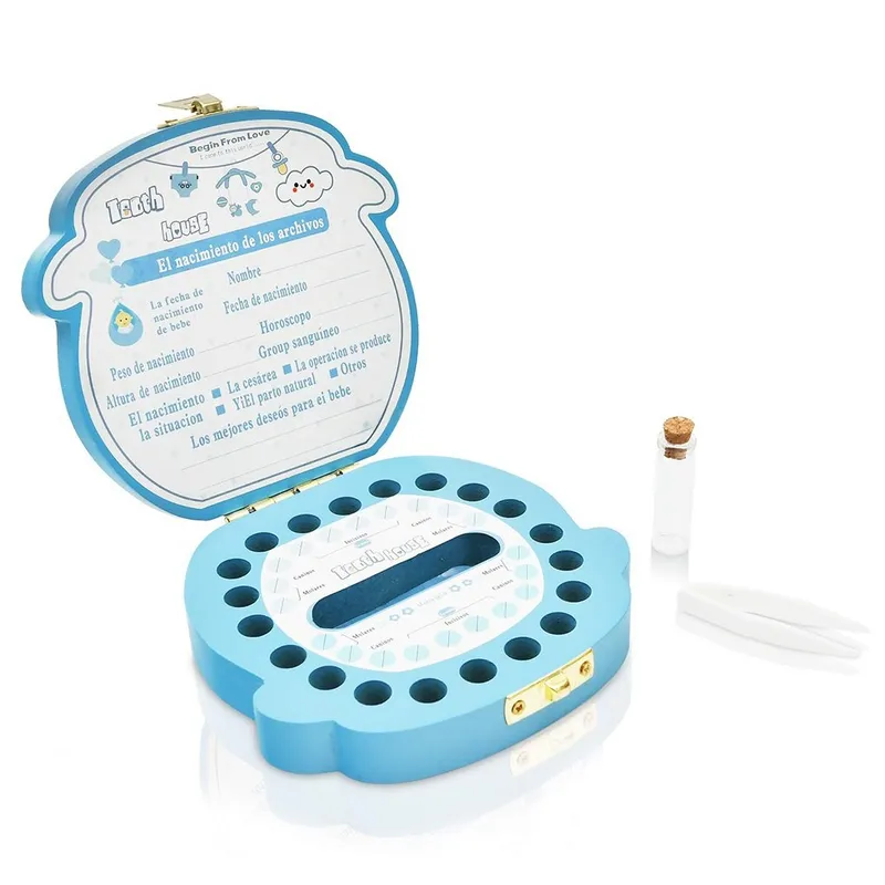 GENERICO - CAJA CELESTE DE MADERA PARA DIENTES DE BEBÉ