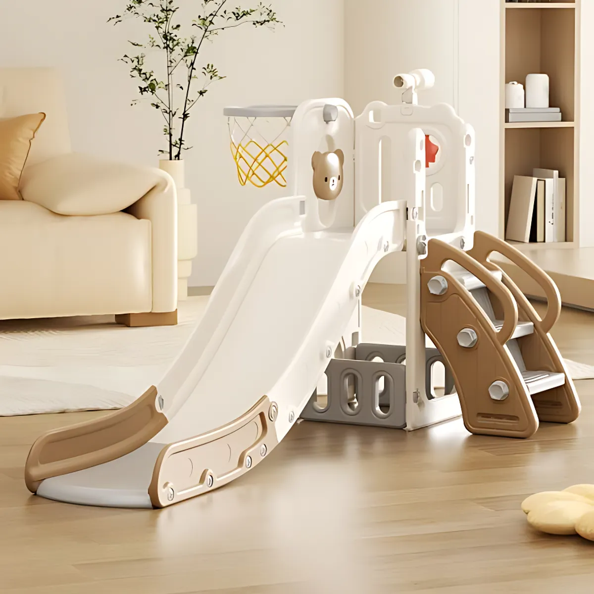 GENERICO - RESBALADERA OSO 4 EN 1 CON ESCALADOR,  ESPACIO PARA JUGUETES, ARO DE BASQUET Y TELESCOPIO