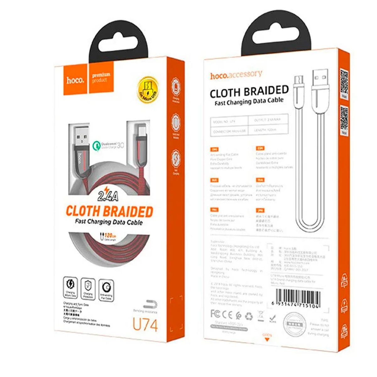 HOCO - Cable USB a Micro USB V8 1.2 m Hoco U74 Negro De Calidad y Durabilidad