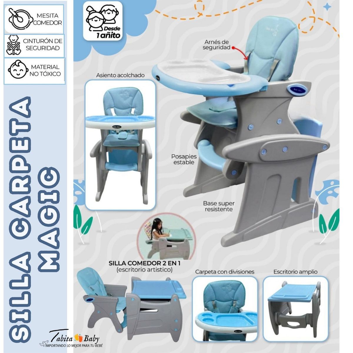 BABY KITS - Silla de comer Carpeta Magic 2 en 1 Celeste