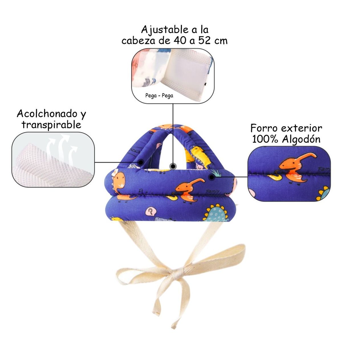 GENERICO - Casco Protector Antigolpes Seguridad para Bebés - DINO AZUL