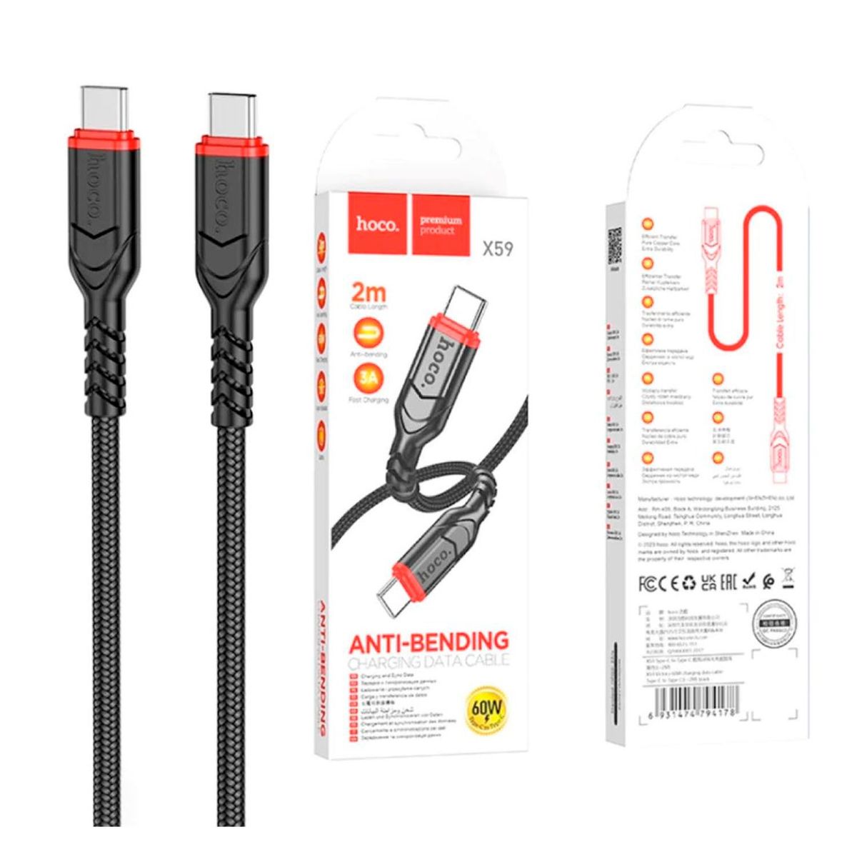 HOCO - Cable USB-C a USB-C 2 metros 60W Hoco X59 Negro