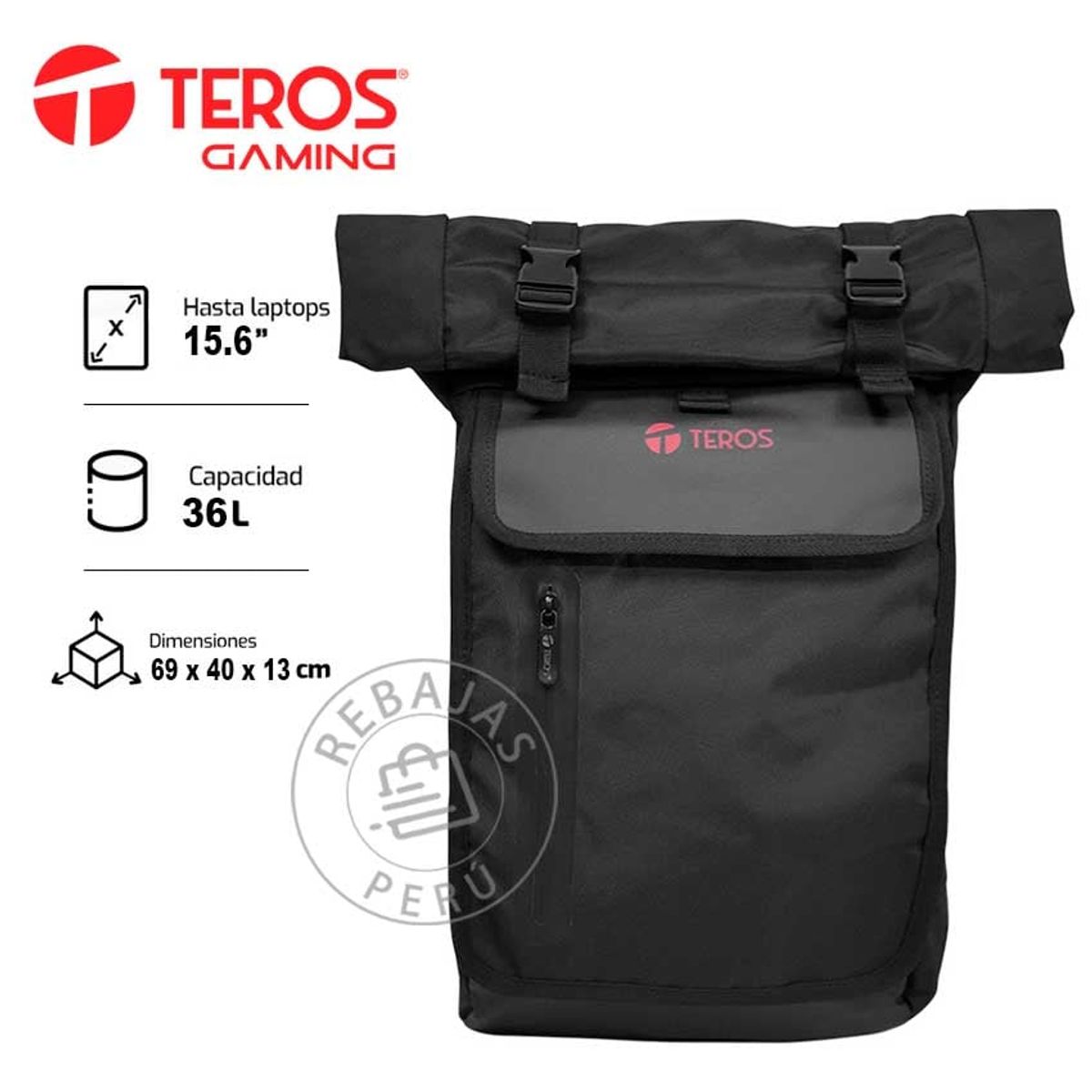 TEROS - Mochila Gamer TEROS TE-ACS9018BK Negro 16 Cierre Enrollable 36L