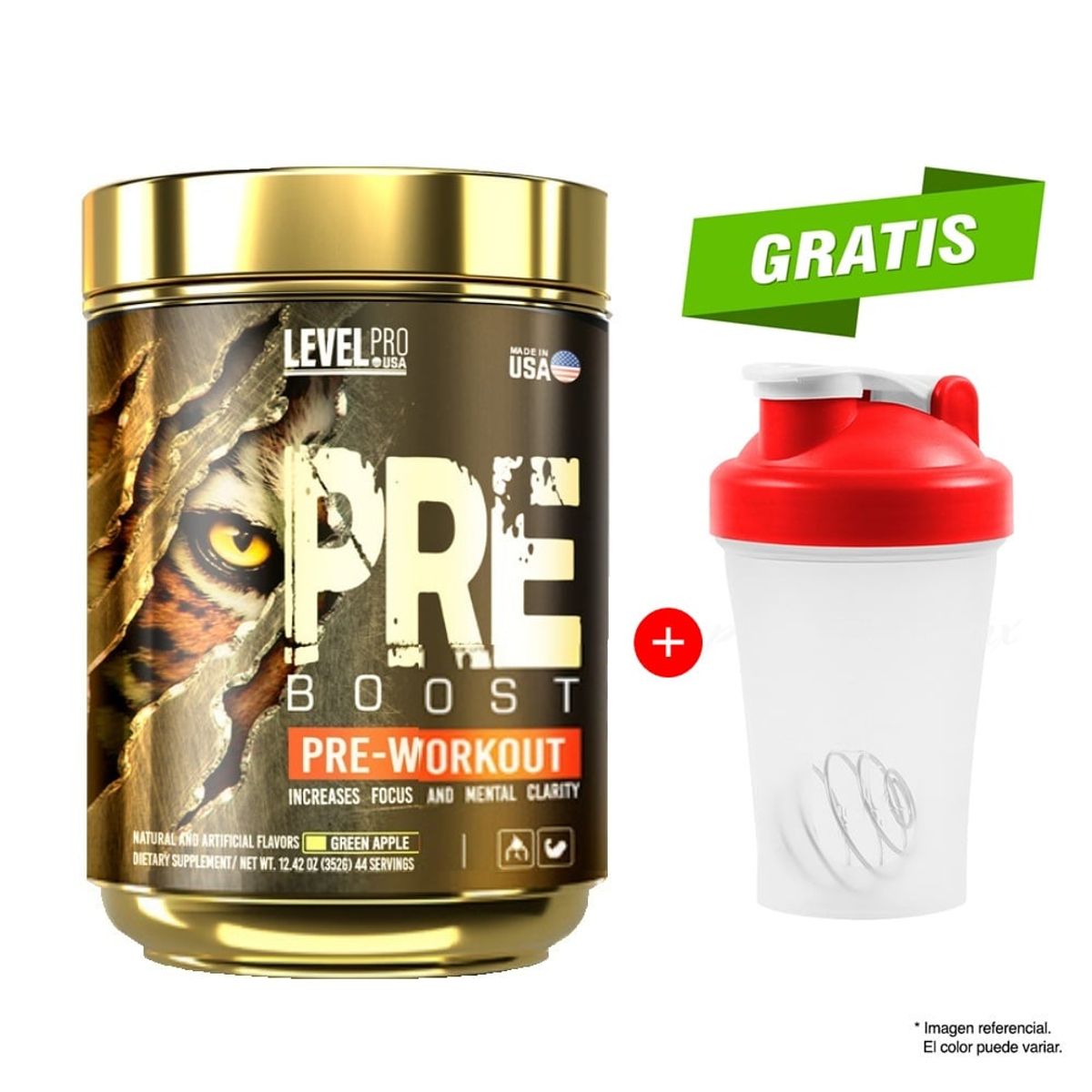 LEVEL PRO - Level Pro Pre- Entreno Pre Boost 352 gr Green Apple + Shaker