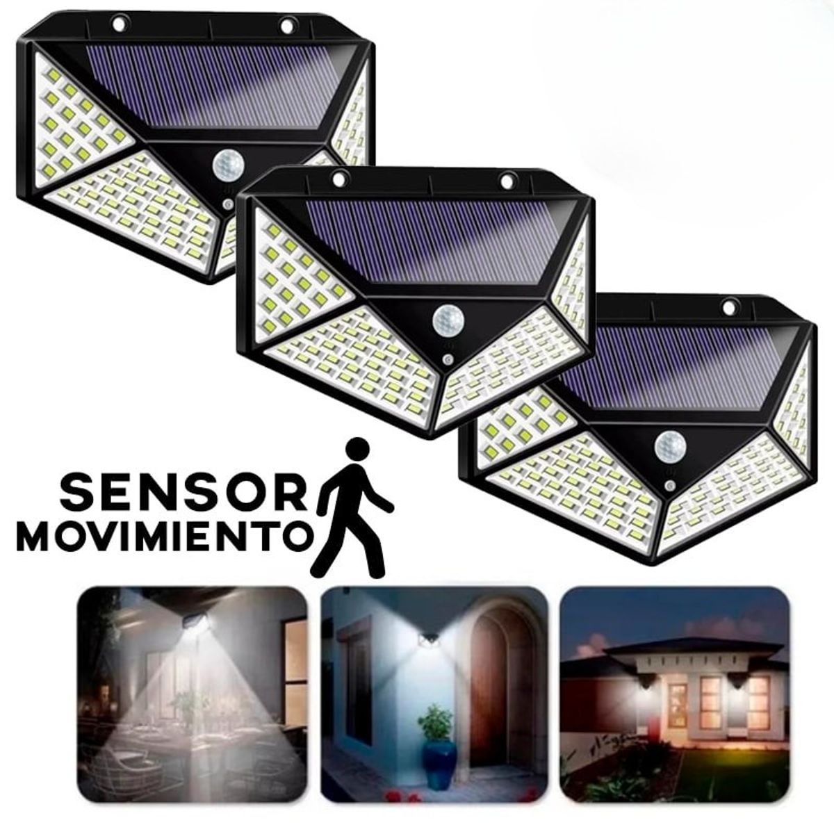 OEM - Pack 03 Lampara Solar con Sensor de Oscuridad y Movimiento Luz 100 LED