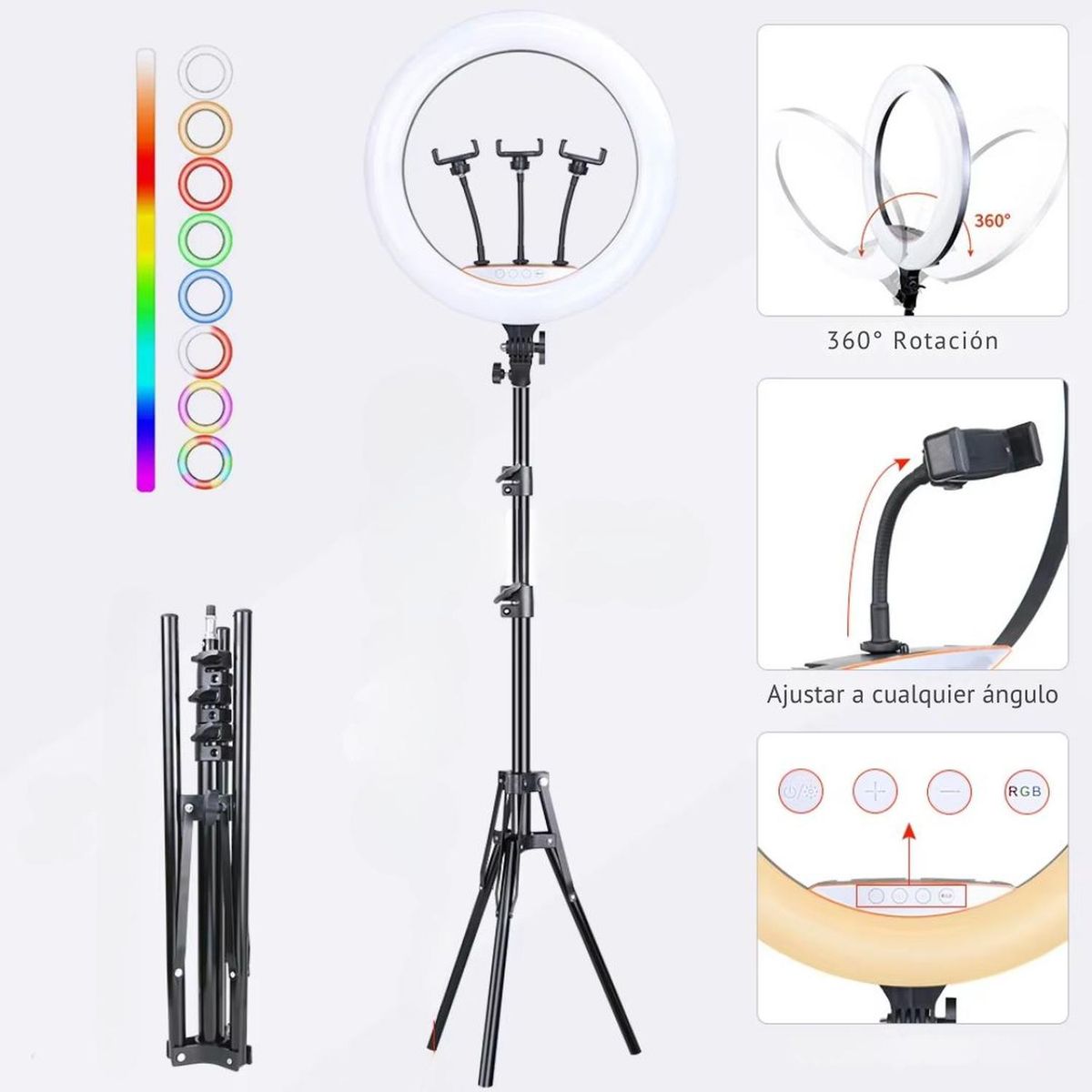 GENERICO - Aro de luz LED RGB de 56 cm Lámpara Táctil + Trípode + Control Remoto