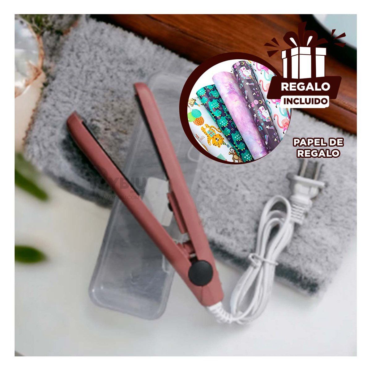 GENERICO - Mini Alisador Cabello Color Guinda Y+Papel de Regalo