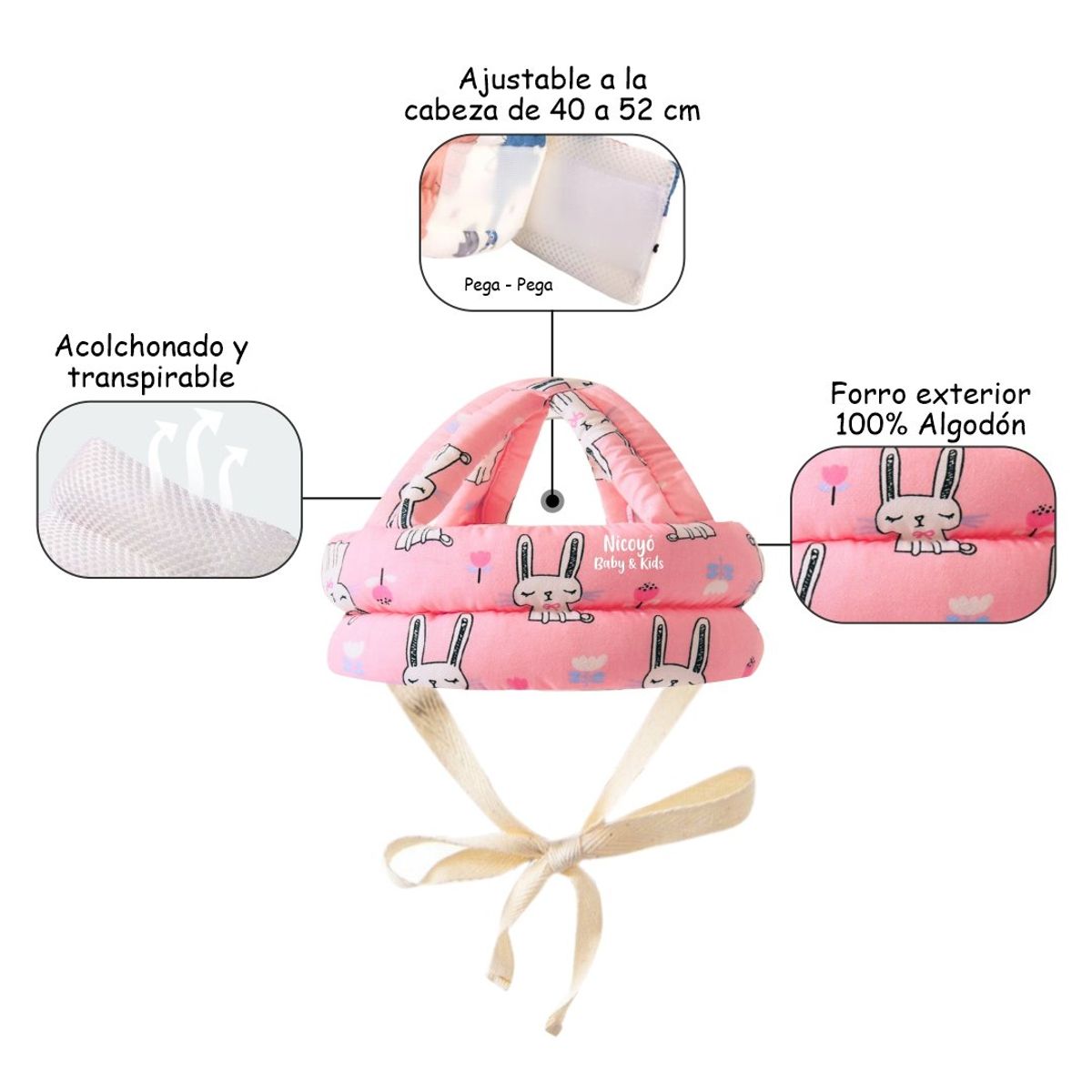 GENERICO - Casco Protector Antigolpes Seguridad de Bebés Conejita Rosa
