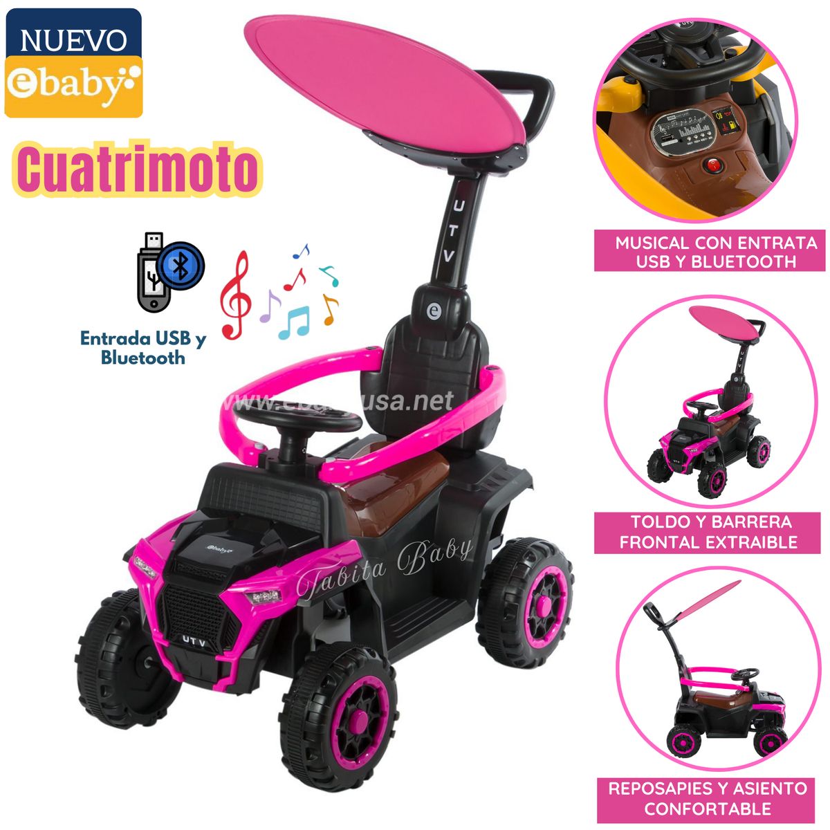 EBABY - Carrito Musical con Luces y Sombrilla Rosado