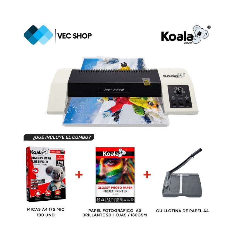 KOALA - Laminadora Enmicadora Plastificadora Metálica A3 + Combo II