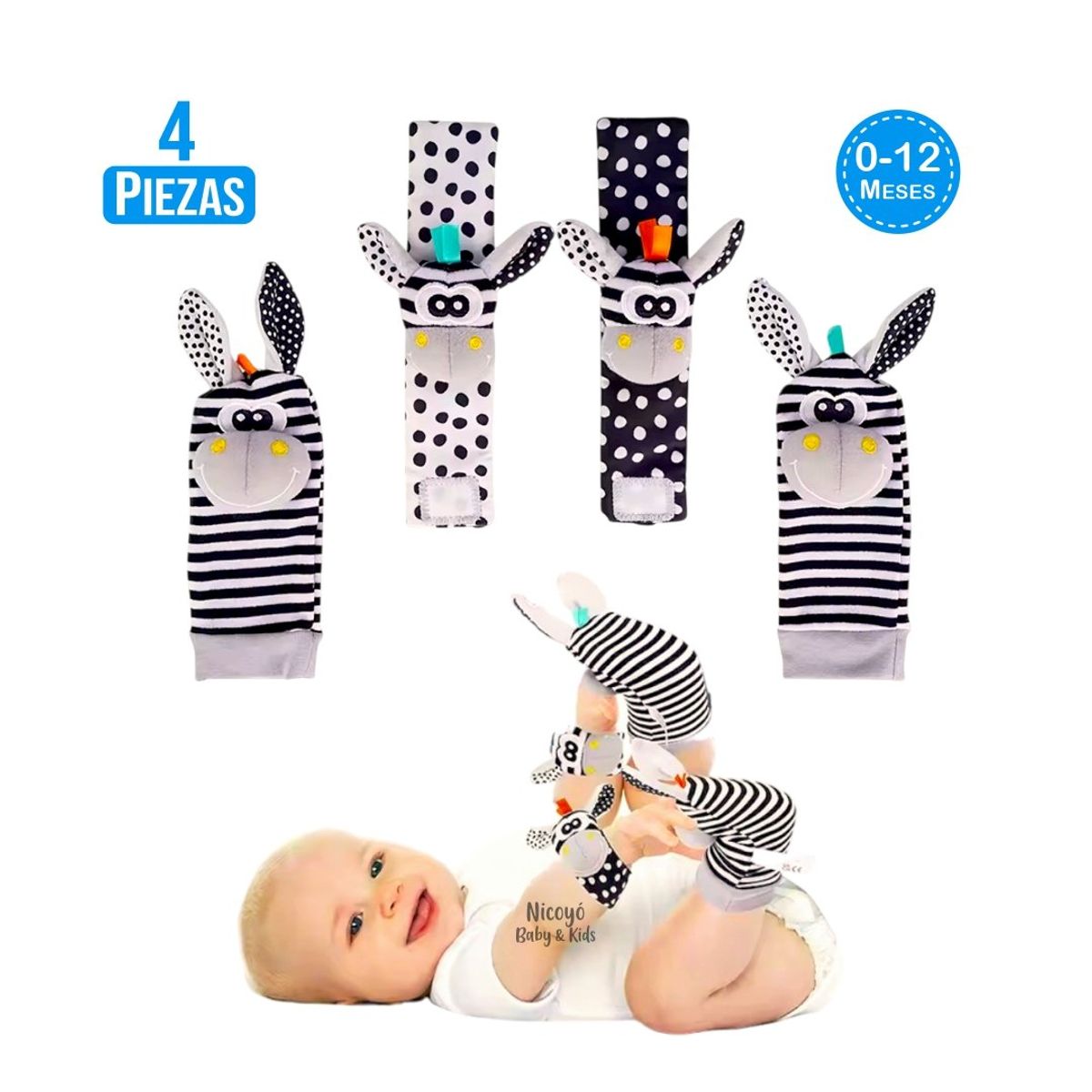 BABY - Set de Estimulación Medias y Muñequeras de Alto Contraste - Blanco y Negro