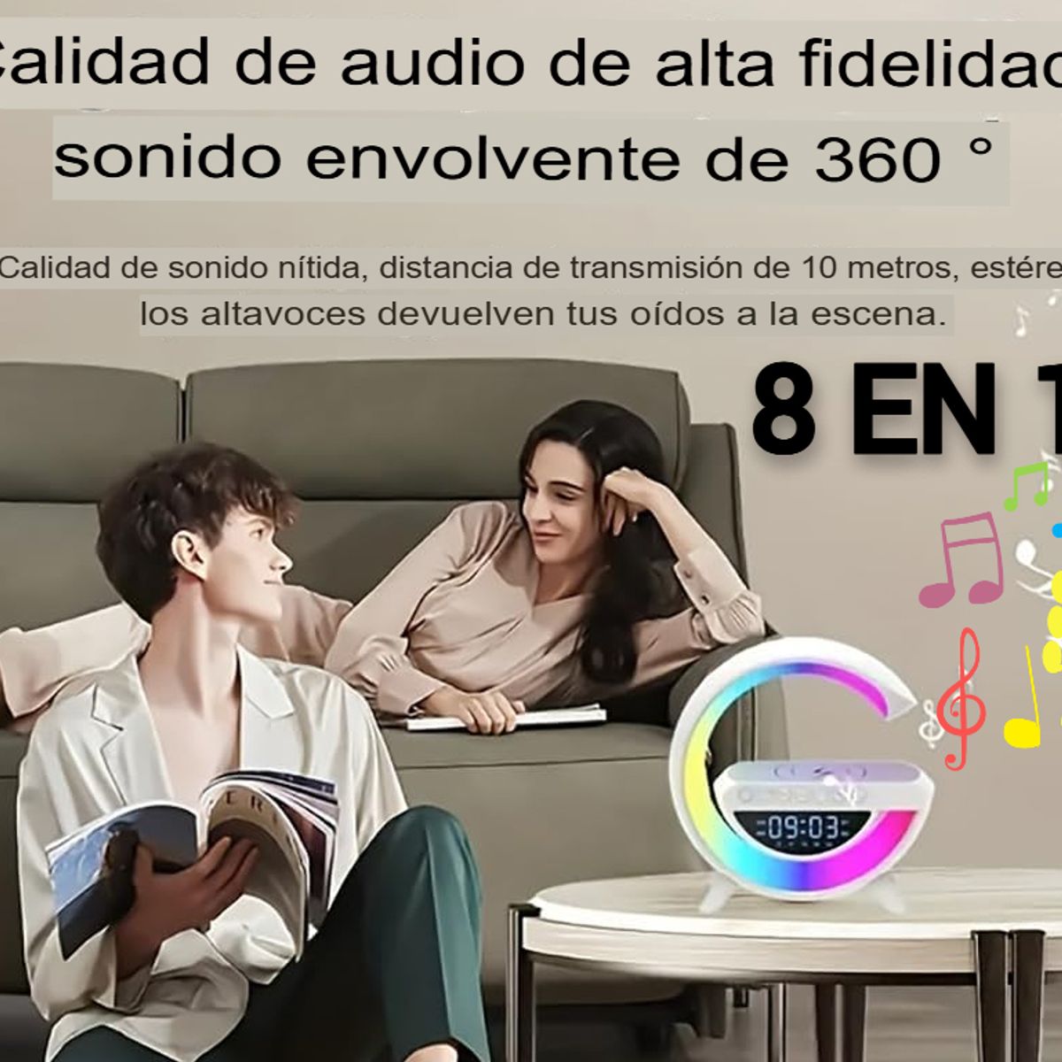 GENERICO - PARLANTE LÁMPARA RELOJ CARGADOR ADORNO ILUMINACIÓN LUZ RGB INALÁMBRICO SMART 8 EN 1