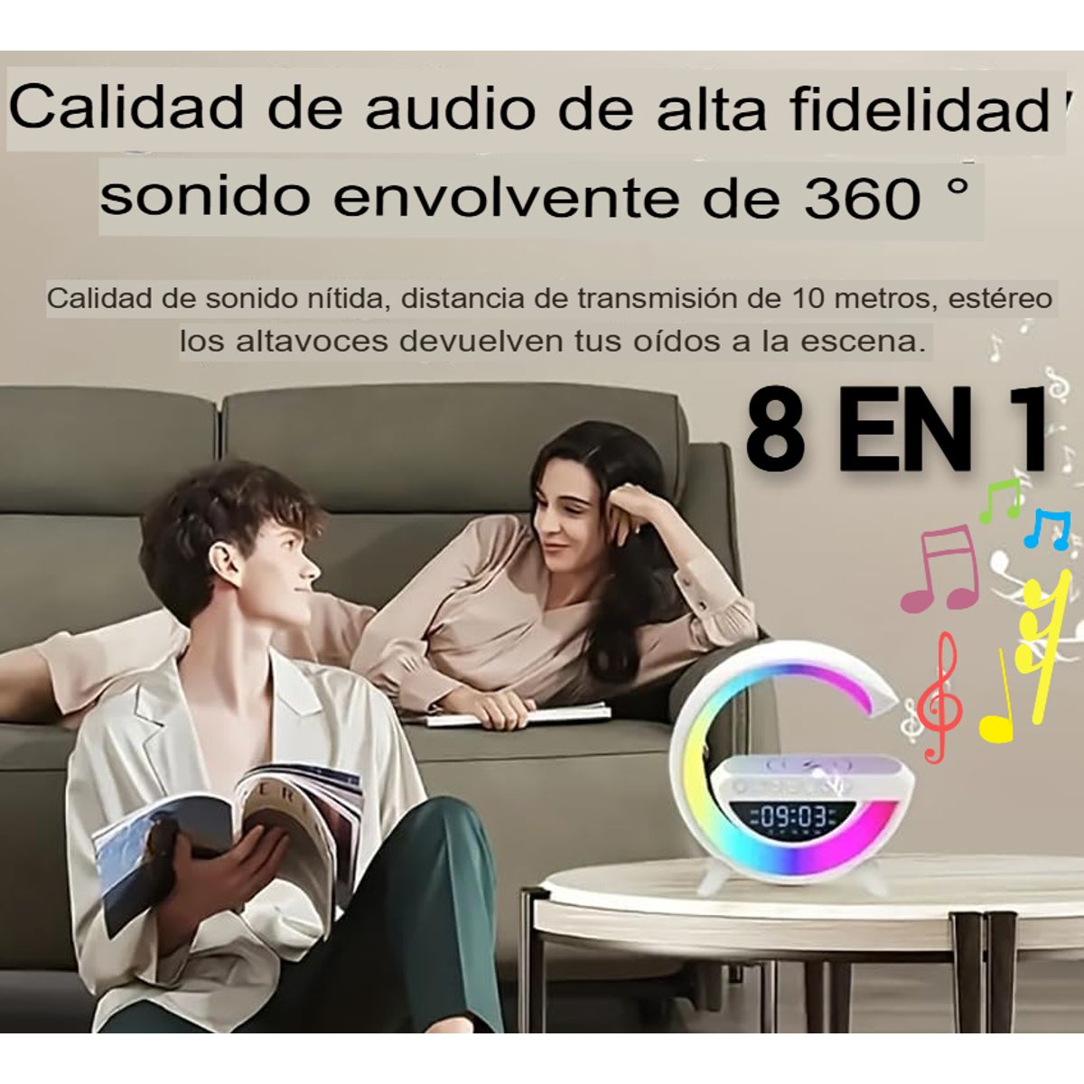 GENERICO - PARLANTE LÁMPARA RELOJ CARGADOR ADORNO ILUMINACIÓN LUZ RGB INALÁMBRICO SMART 8 EN 1