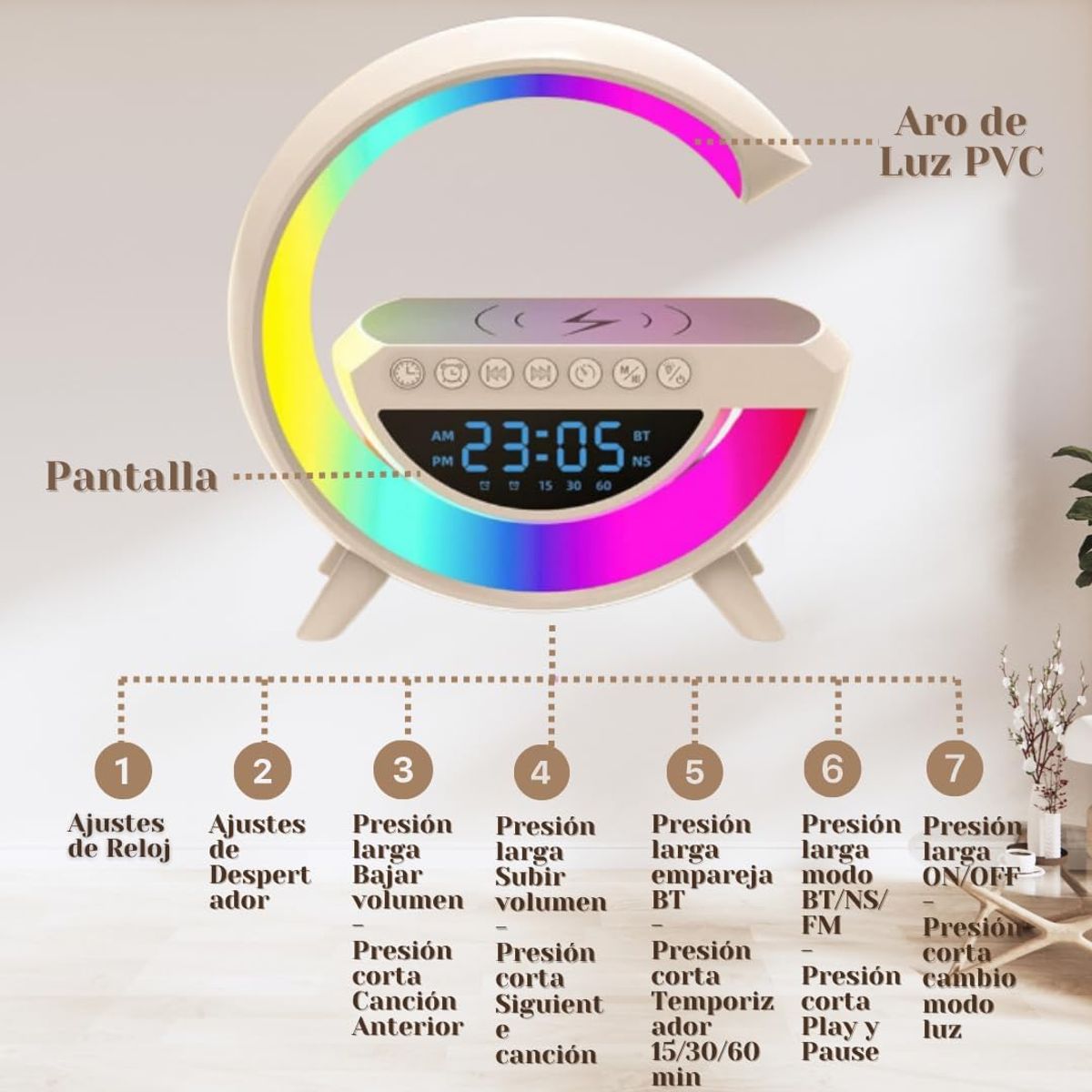 GENERICO - PARLANTE LÁMPARA RELOJ CARGADOR ADORNO ILUMINACIÓN LUZ RGB INALÁMBRICO SMART 8 EN 1